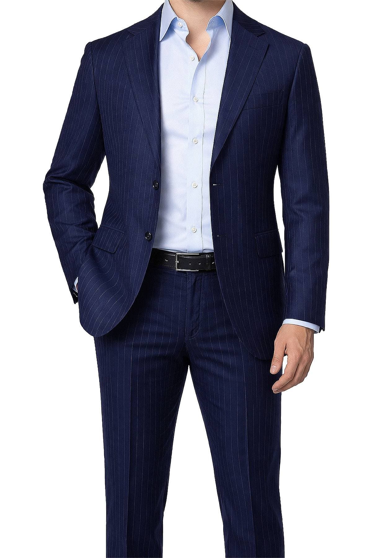 A person wearing a dark blue pinstripe suit with a light blue shirt.