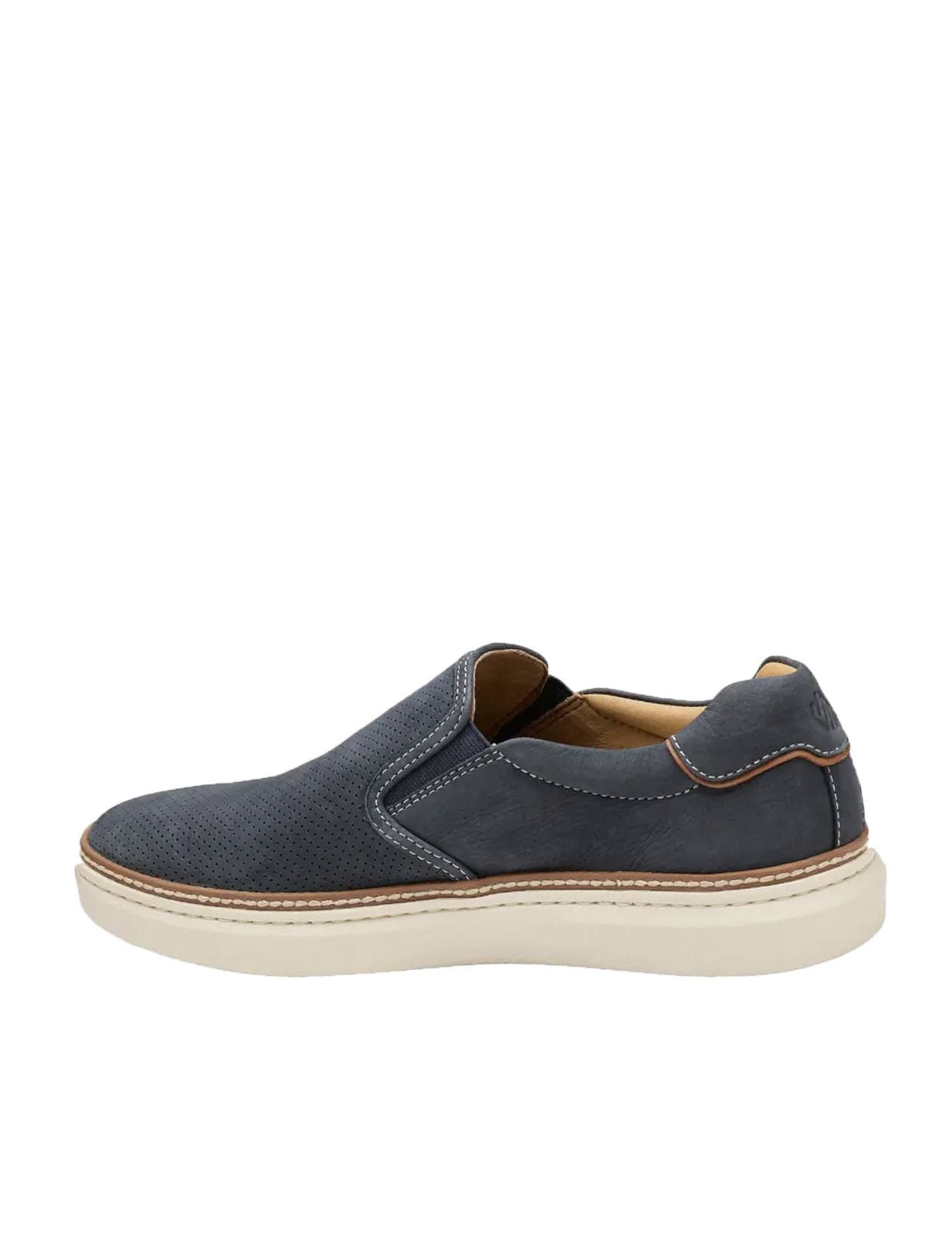 A single blue slip-on shoe with a white sole and brown trim accents.