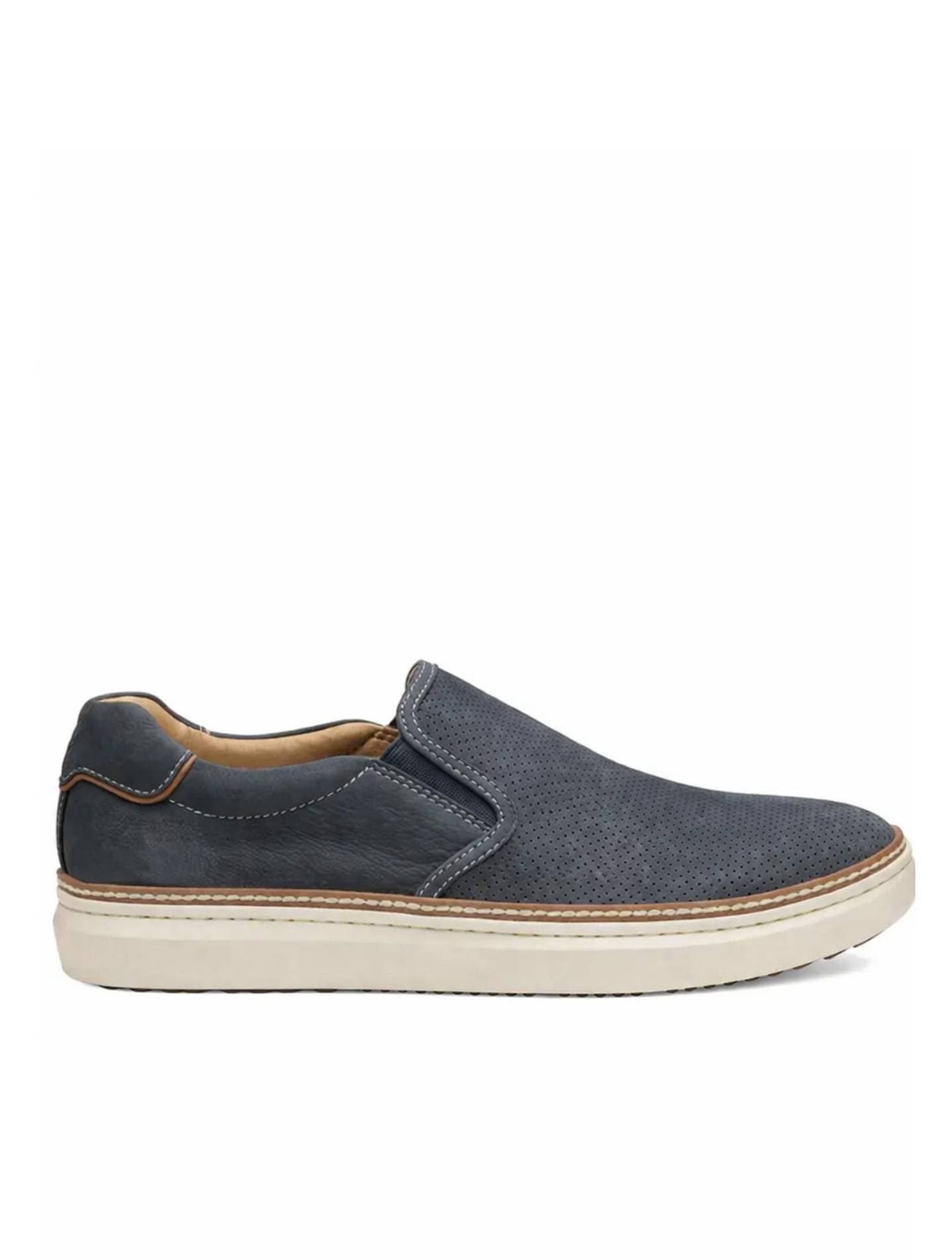 A blue perforated slip-on shoe with a white sole and brown stitching detail.