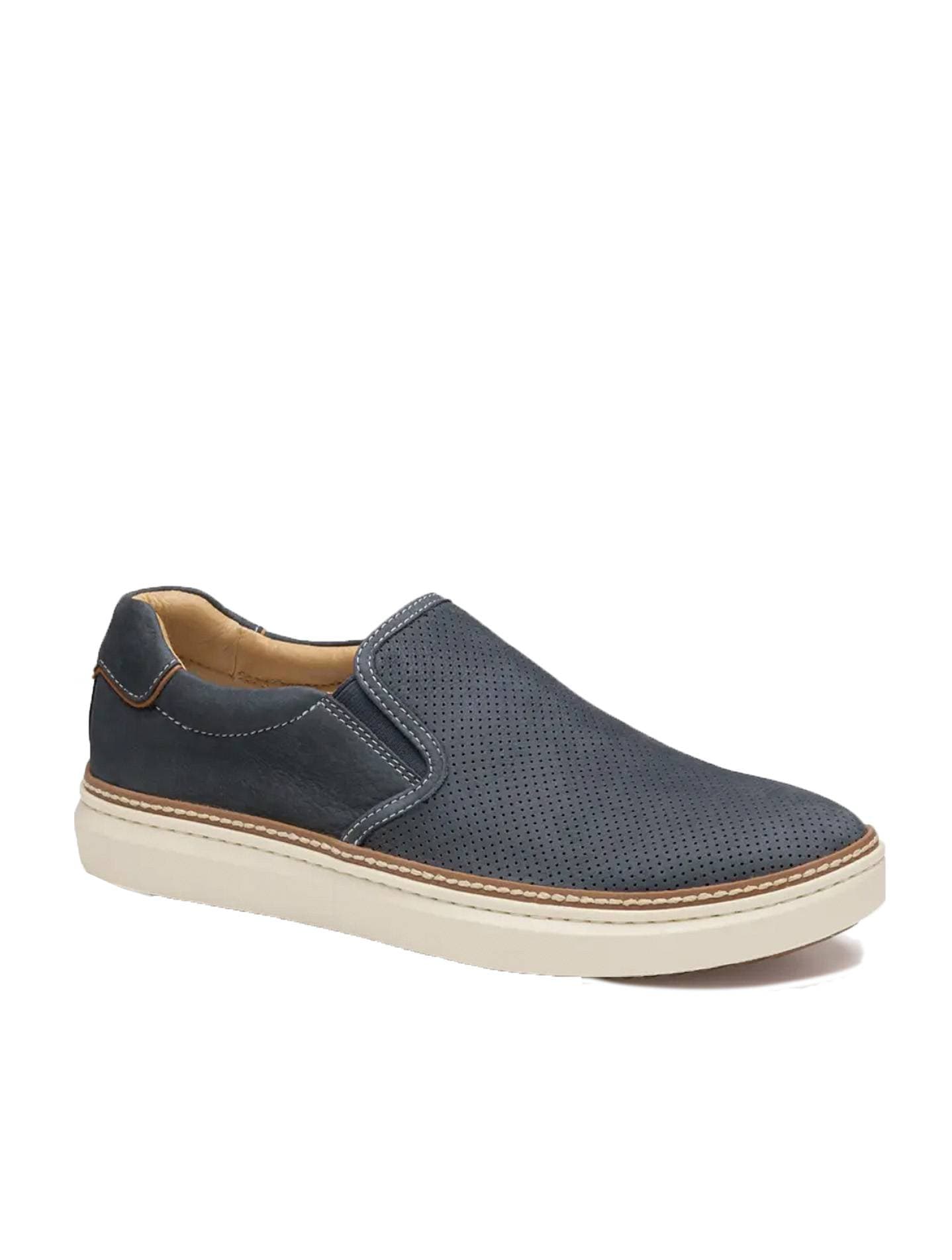 A blue slip-on shoe with perforated detailing and a white sole.