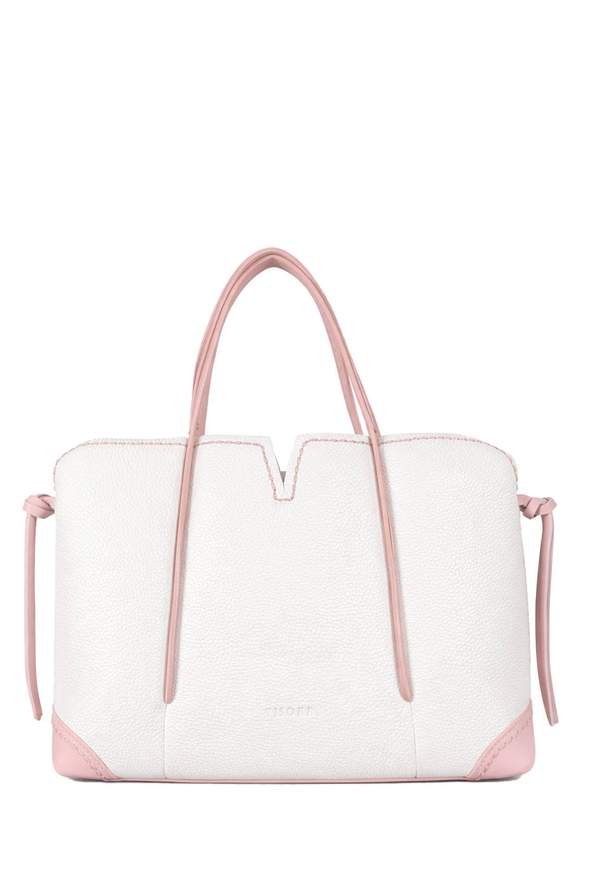 A white tote bag with pink handles and trim.