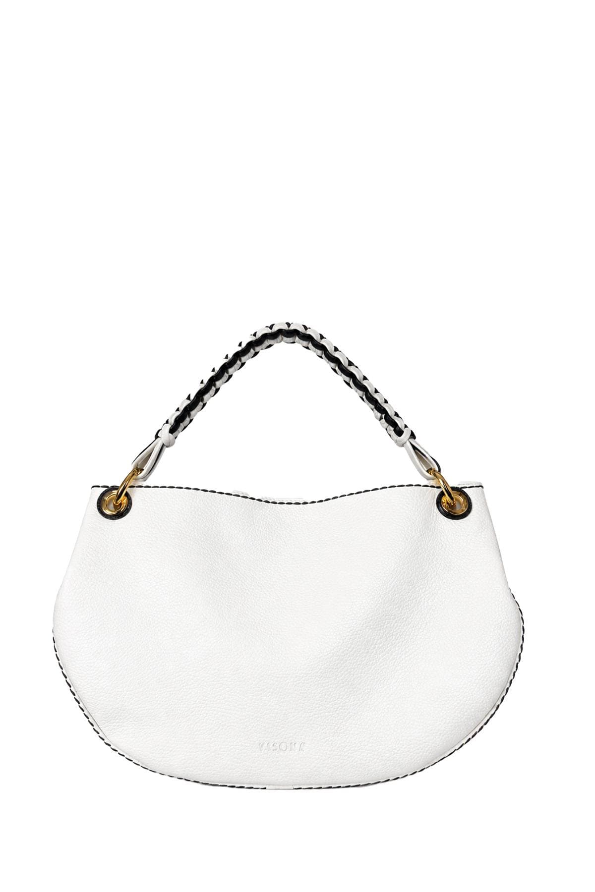 A white leather handbag with a braided handle and gold hardware.