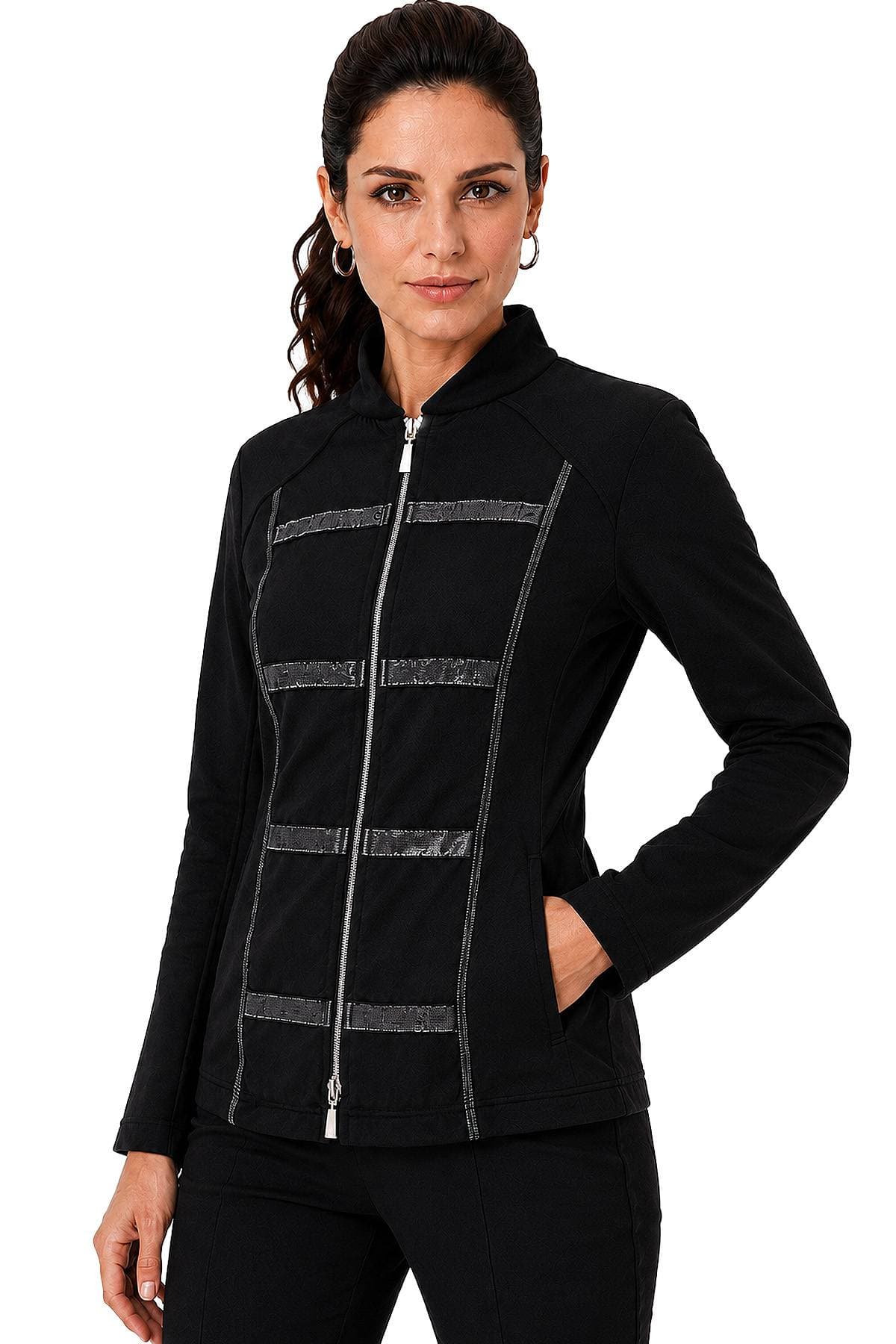 A person wearing a black zip-up jacket with decorative horizontal strips.