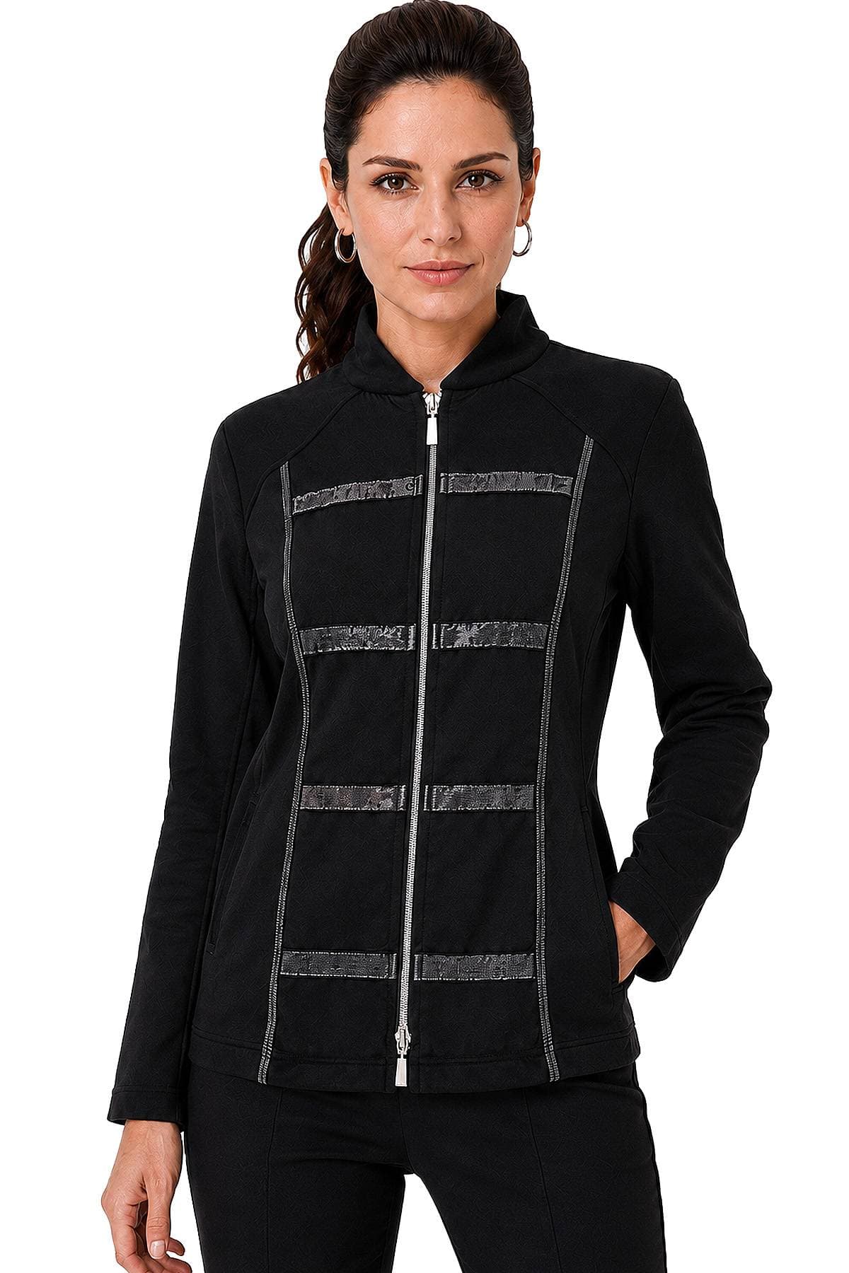 A woman is wearing a black zip-up jacket with horizontal stripe detailing.