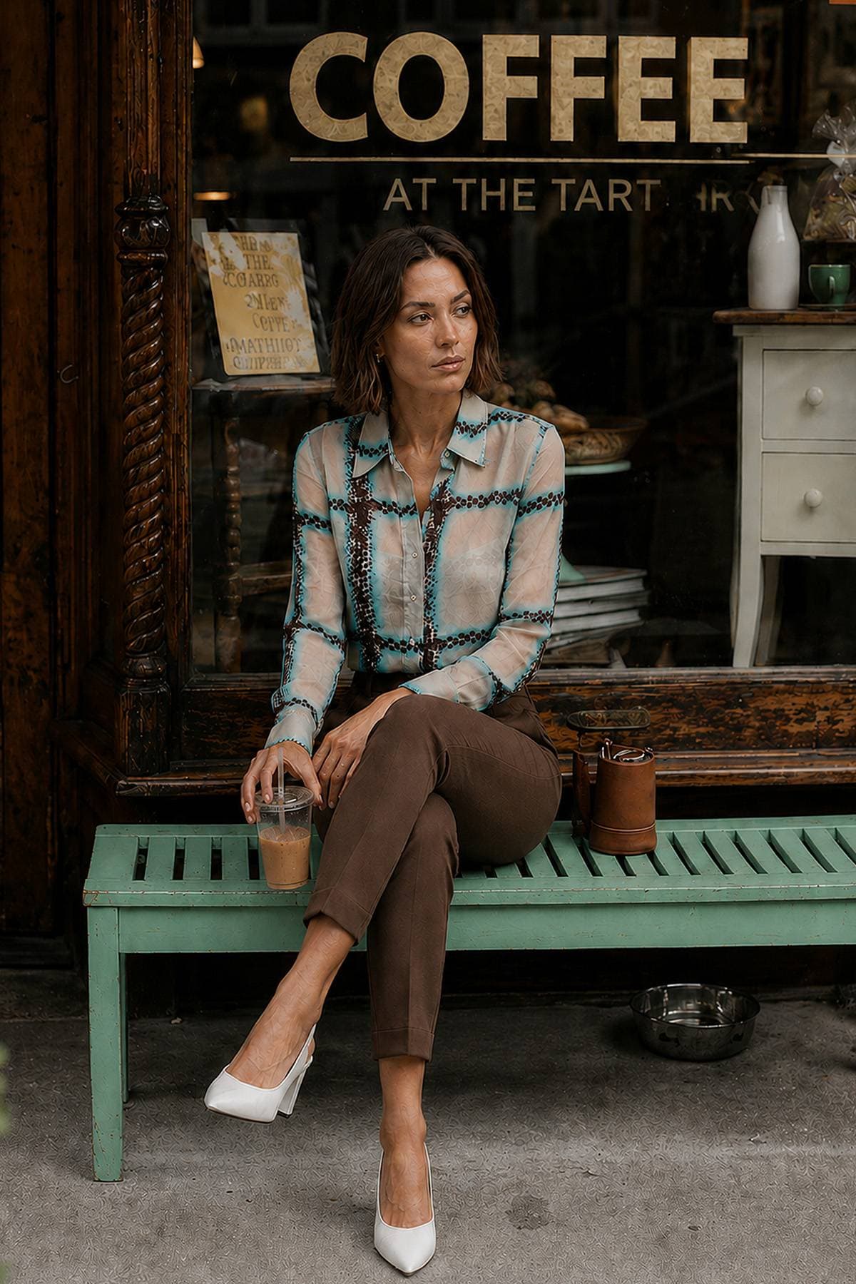 A woman in a patterned blouse and brown pants, holding an iced coffee, sits on a bench outside a café.
