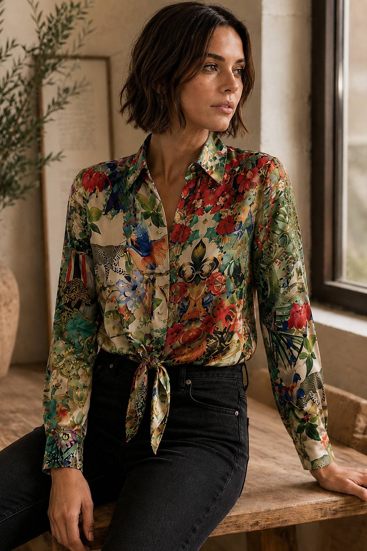 A person wearing a colorful, patterned blouse tied at the waist with black jeans, seated and looking to the side.