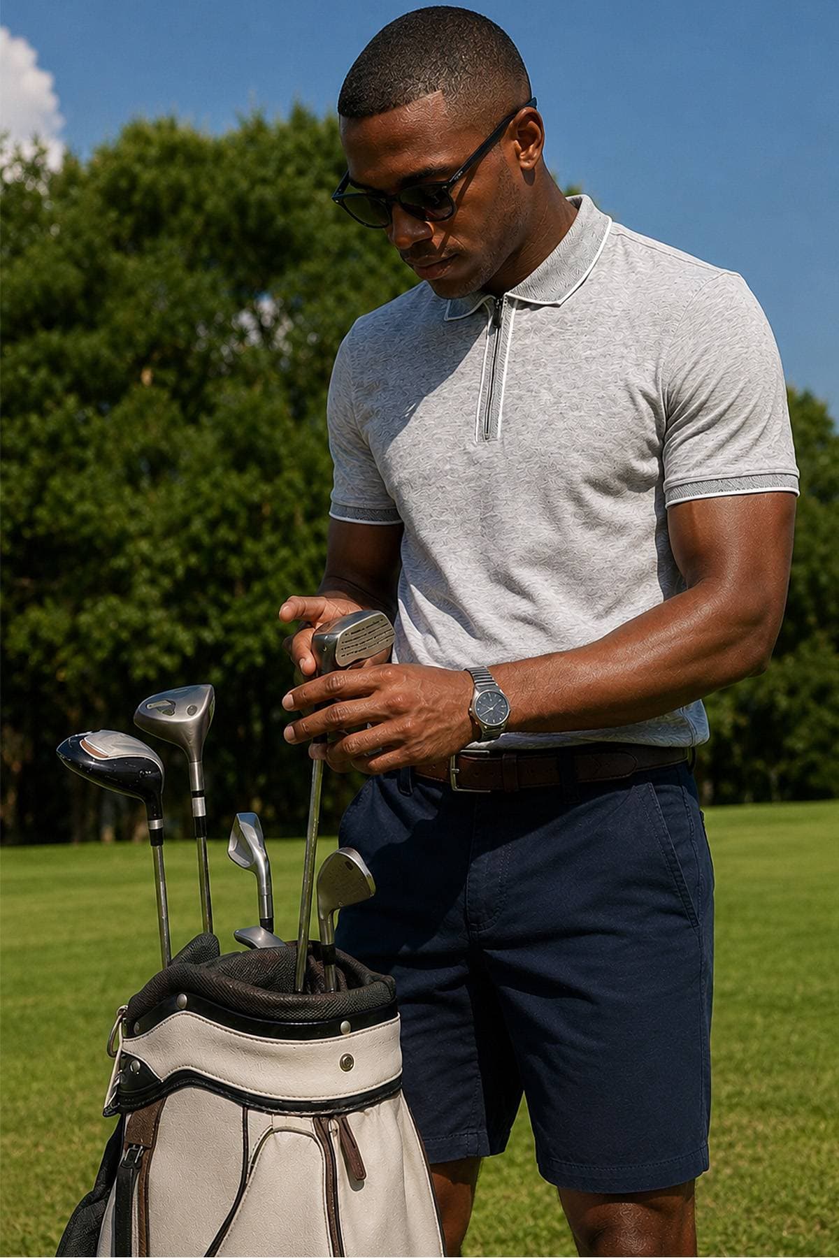 A person is selecting a golf club from a golf bag while standing on a golf course.
