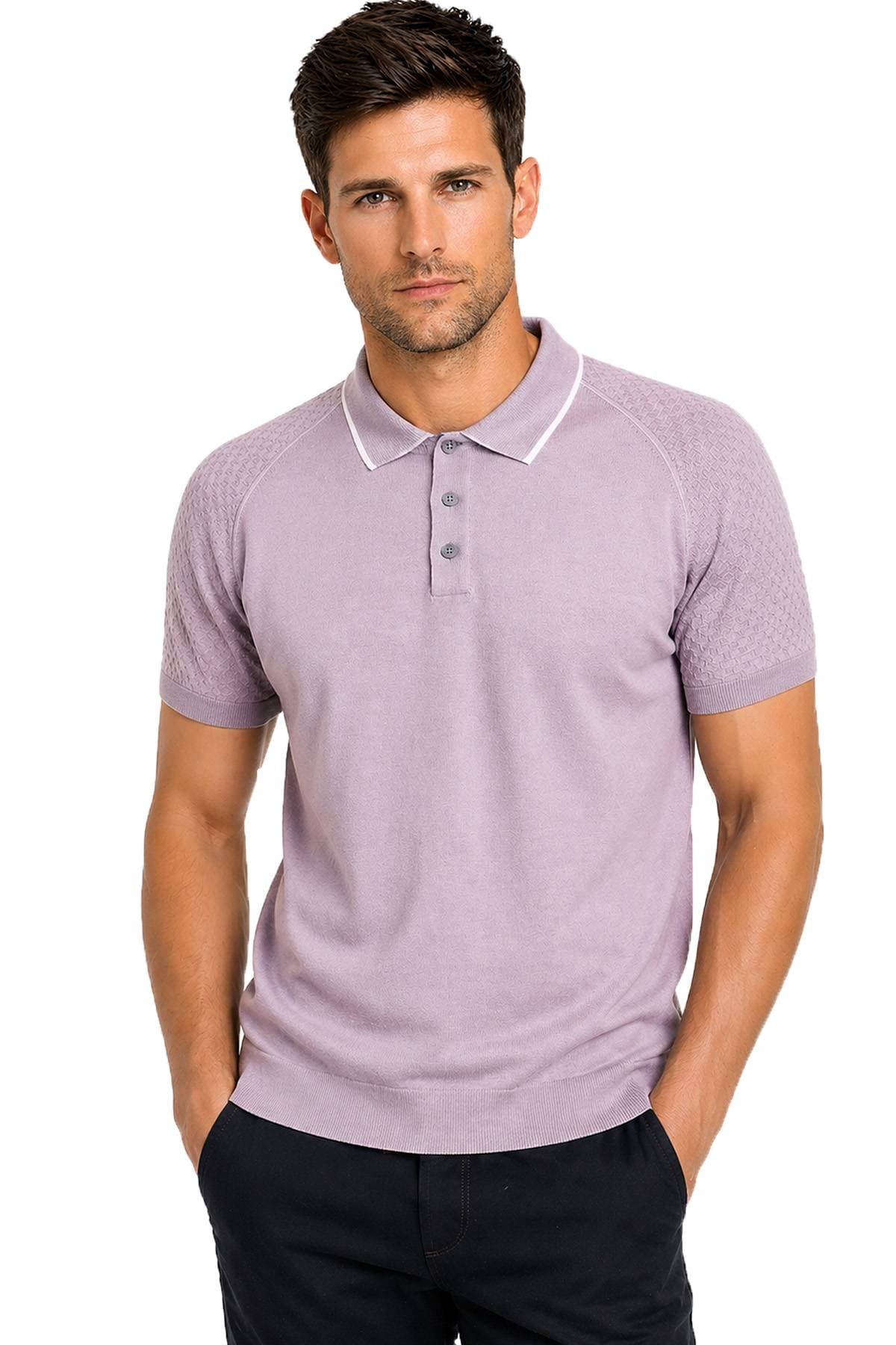 A man wearing a light purple polo shirt with textured sleeves and dark pants.