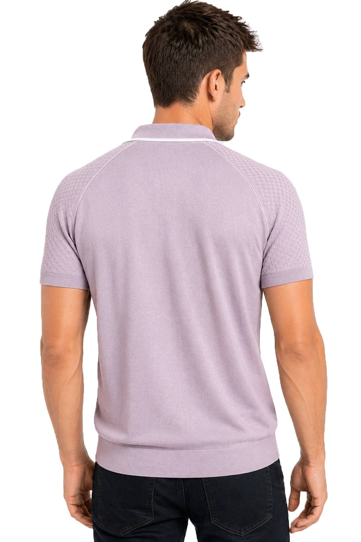 A man wearing a light purple short-sleeve shirt, viewed from the back.