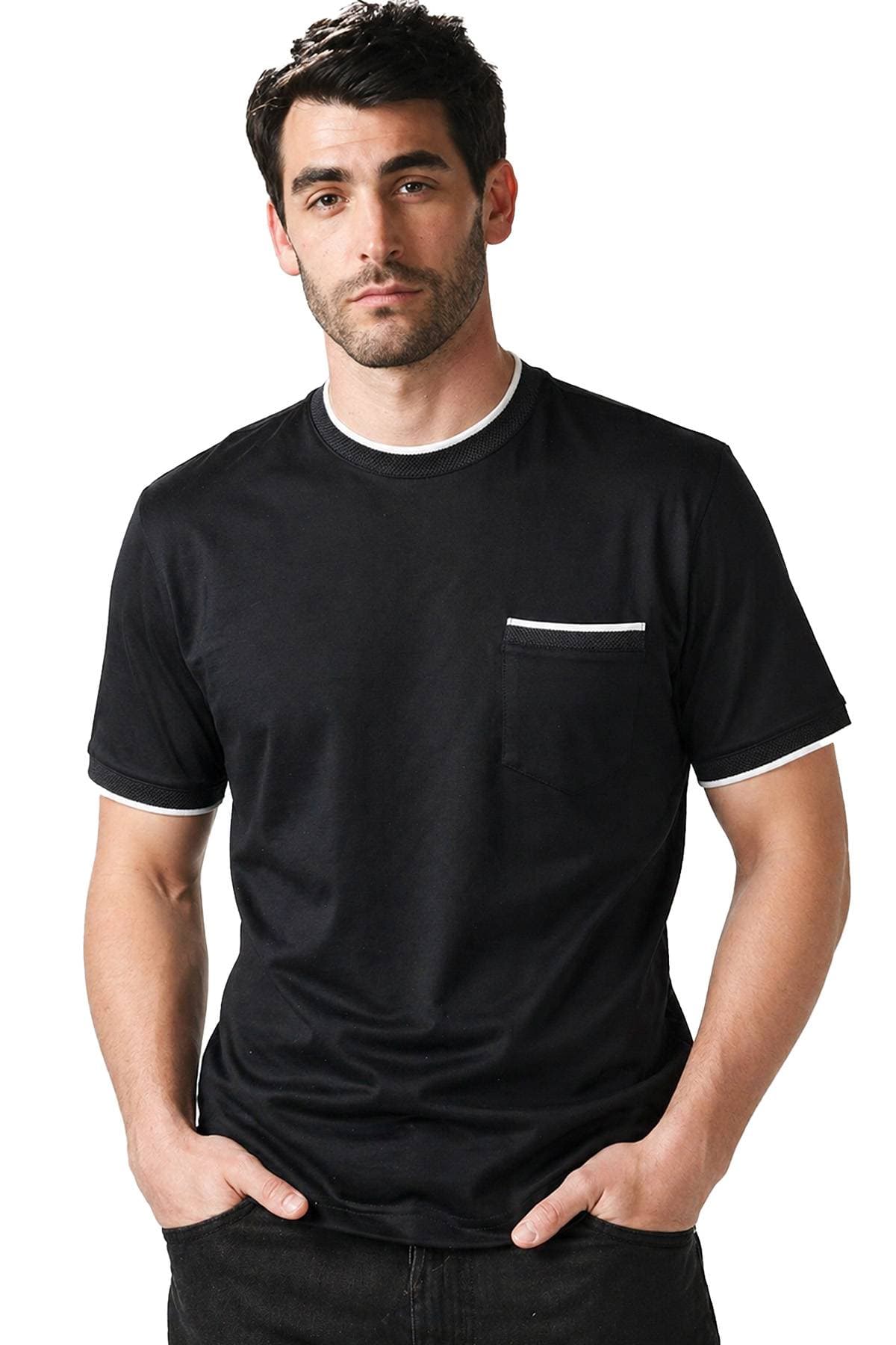 A man with short dark hair and a beard wearing a black T-shirt with white trim and a pocket.
