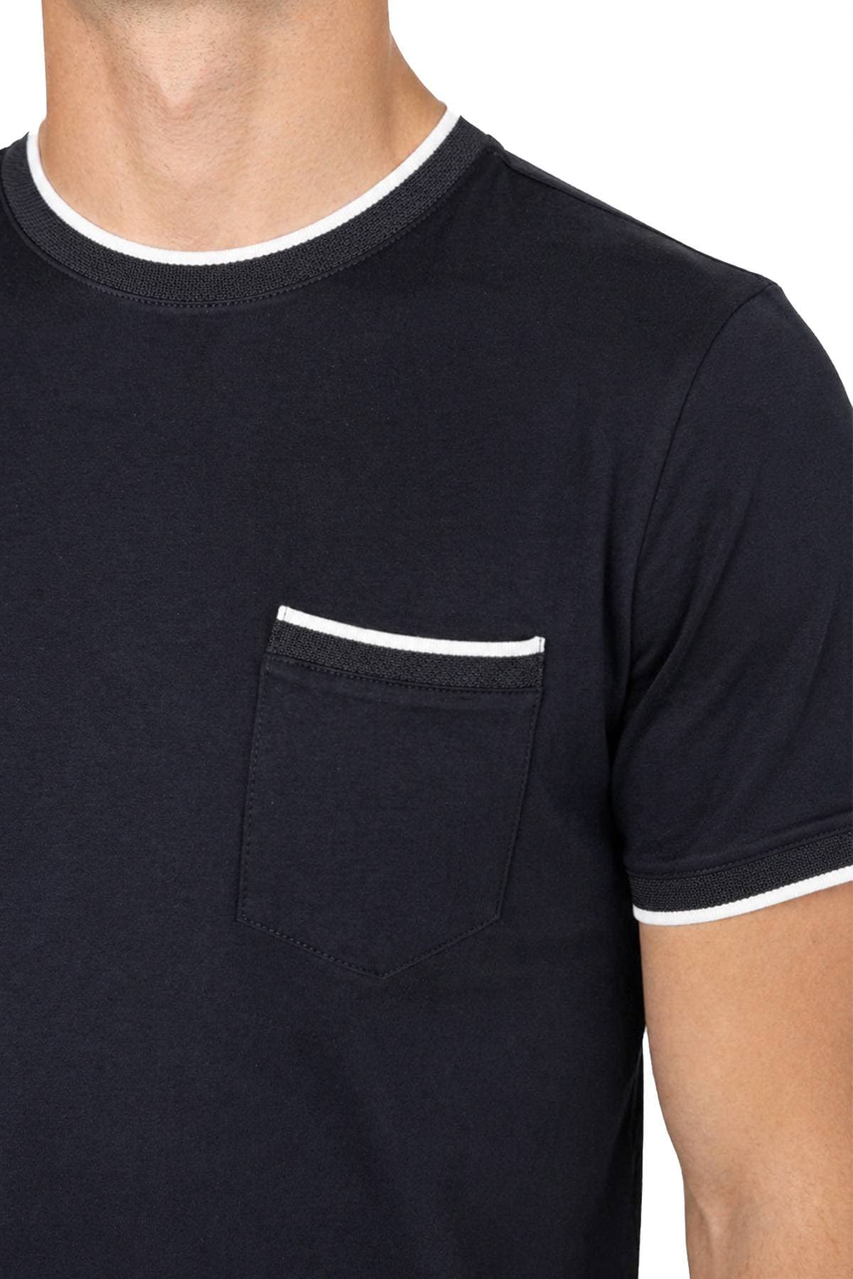 A person wearing a dark T-shirt with white trim around the collar and pocket.