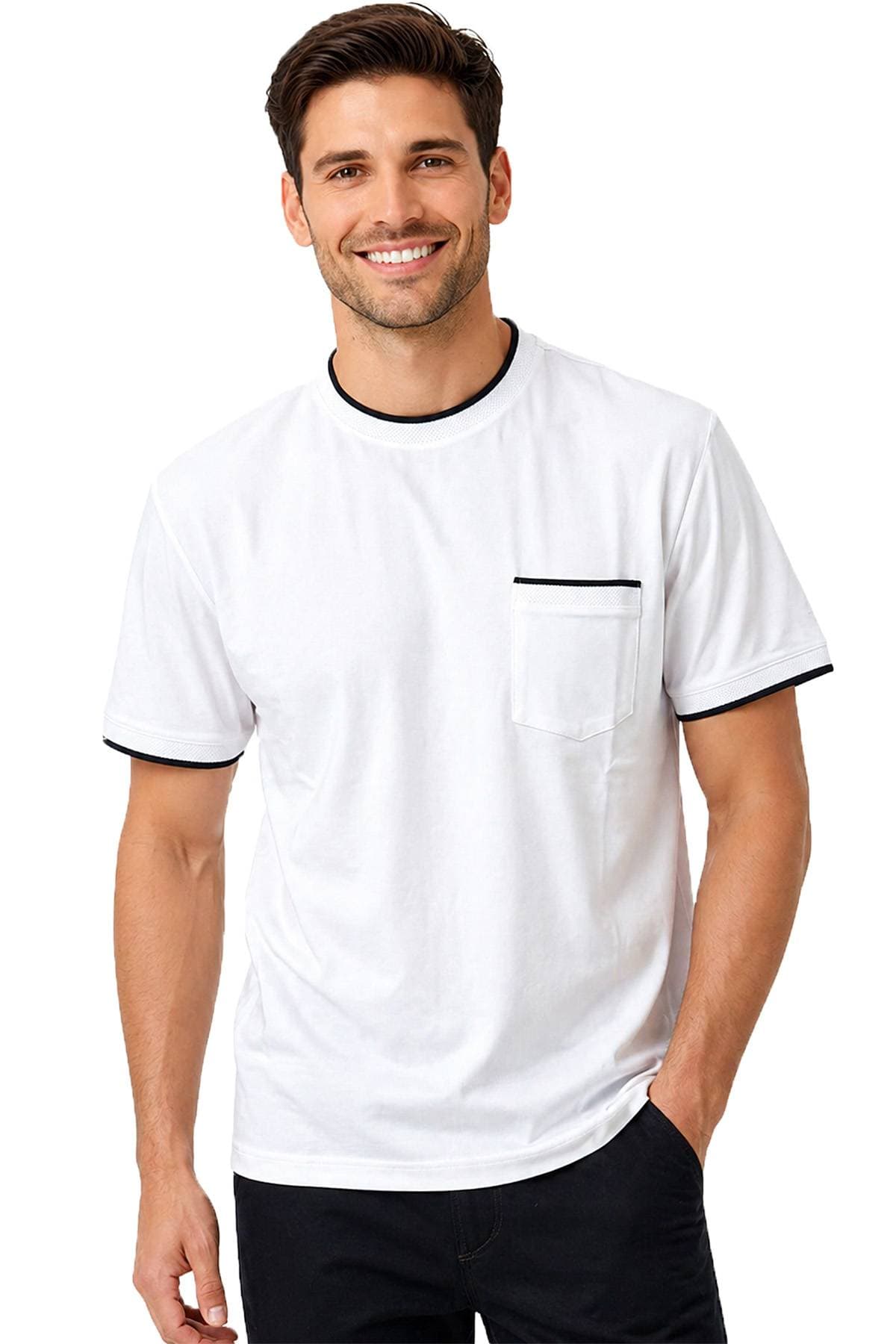 A man is smiling while wearing a white t-shirt with black trim.