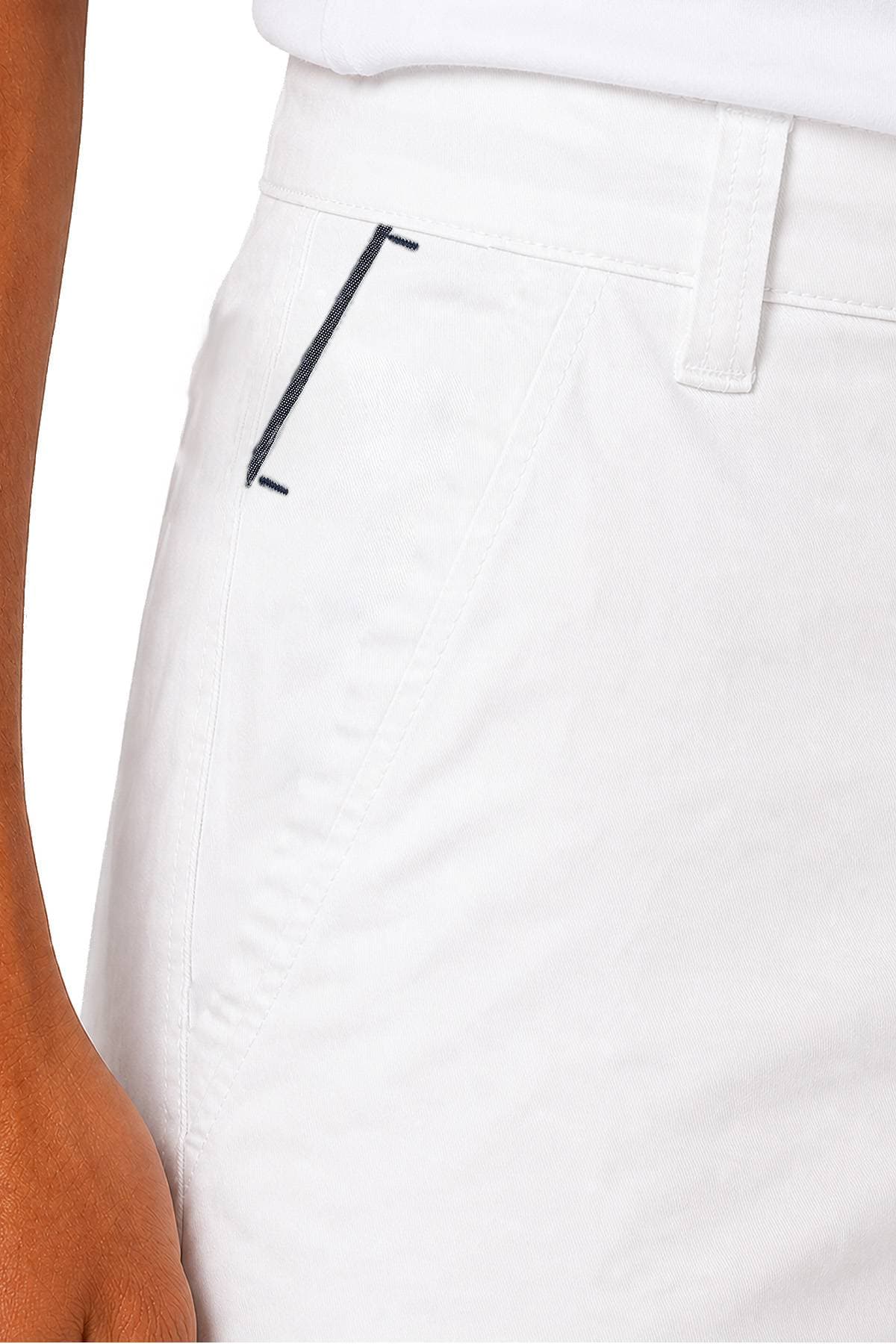 A close-up of white pants with a pocket and part of a hand visible.