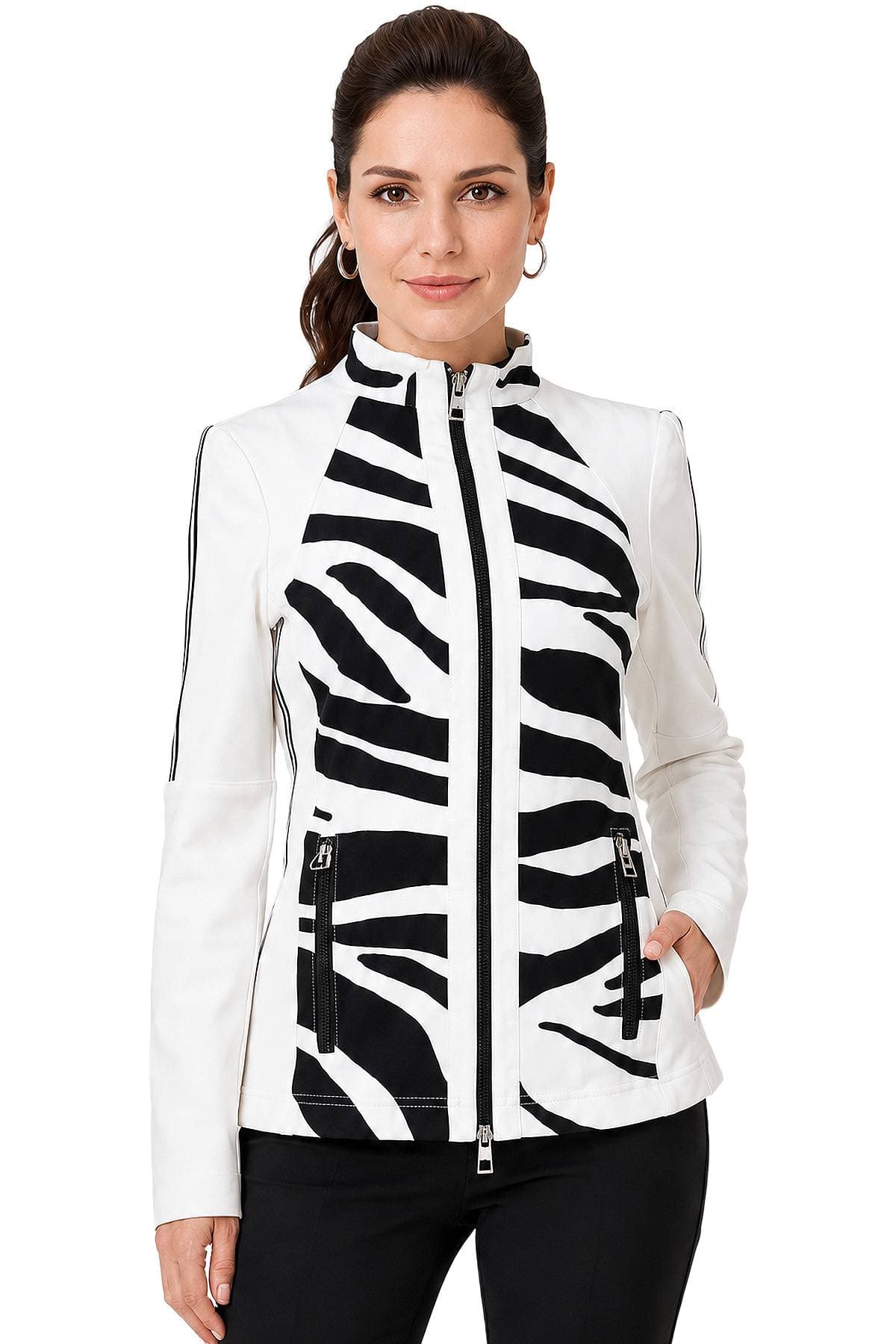 A person wearing a zebra-patterned jacket with a high collar and zippered pockets.
