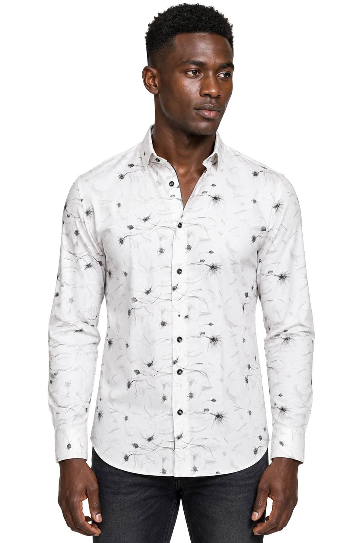 White Black Printed Cotton Stretch Shirt | Men's - 195.0000 - Main product view