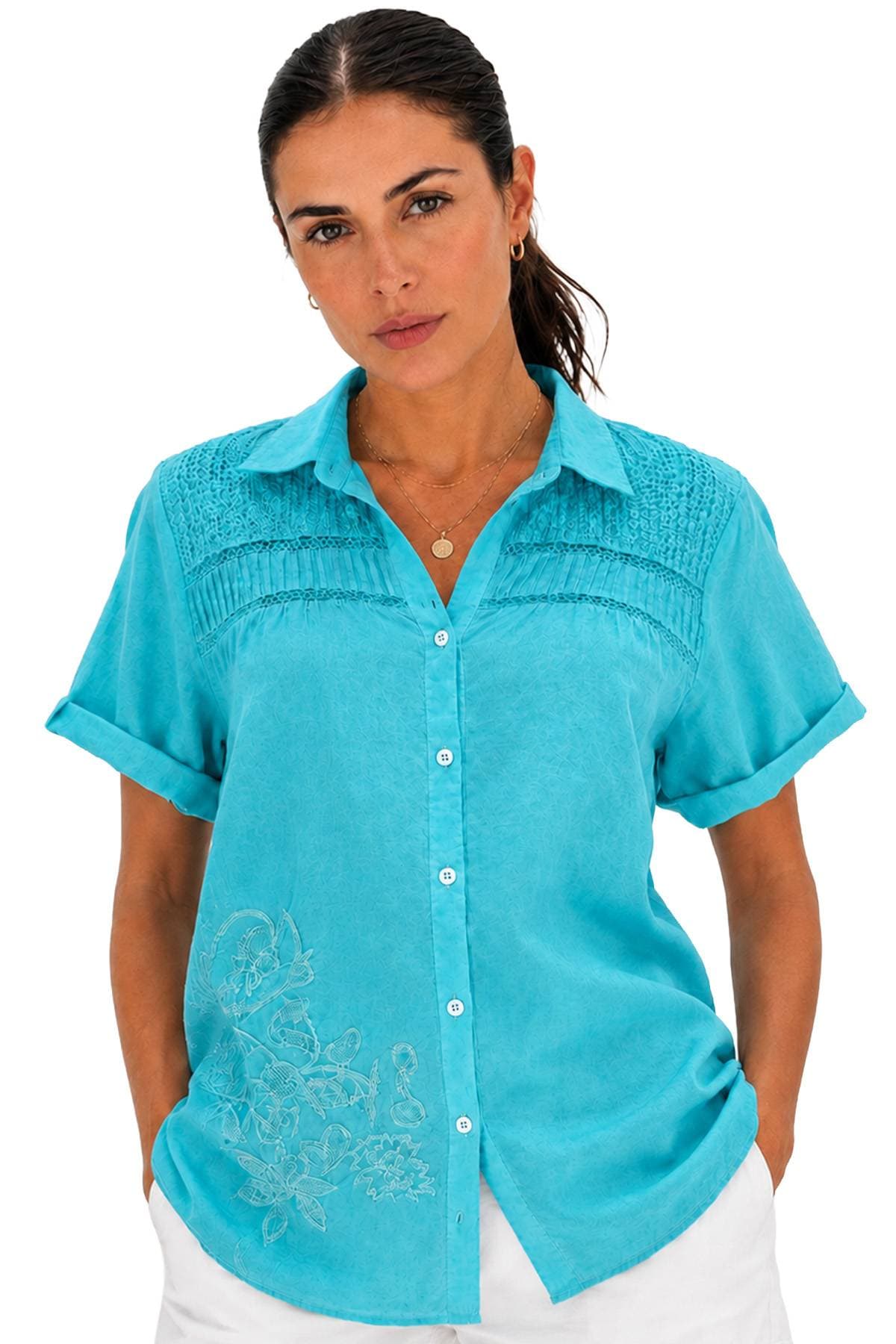 Italian Turquoise Cotton Shirt | Women's - $148.00 - View 1 of 4