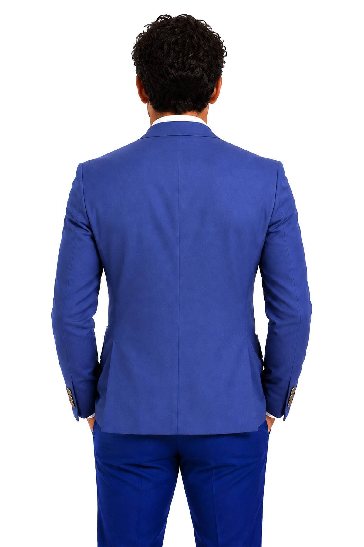 A person with curly hair is wearing a bright blue suit, viewed from the back.