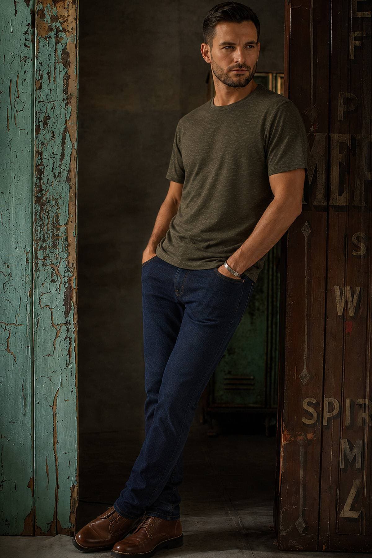 A man wearing a green t-shirt, blue jeans, and brown shoes leans against a wooden door with his hands in his pockets.