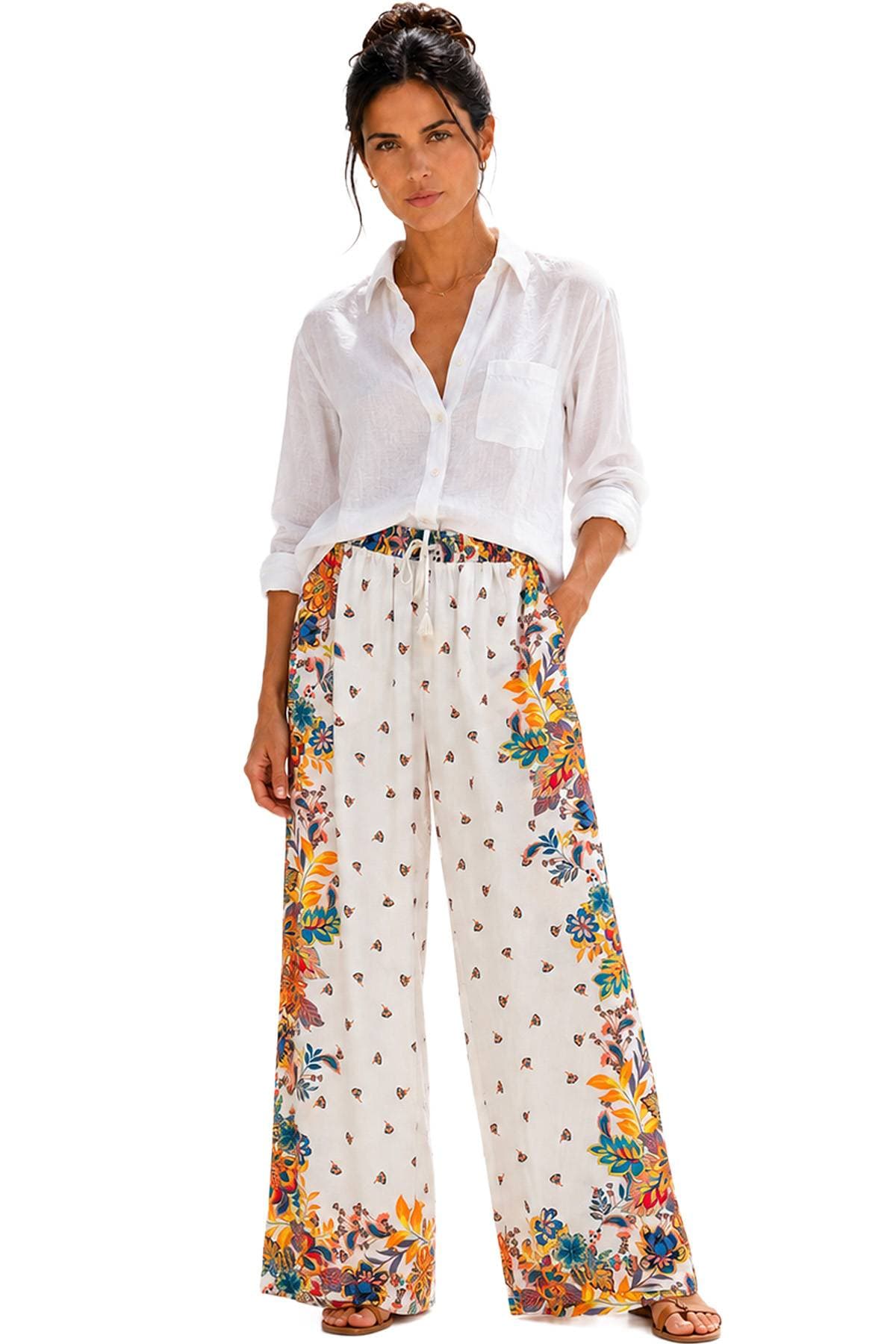 MultiColor Floral White Drawstring Silk Pants - 185.0000 - Alternative view 5