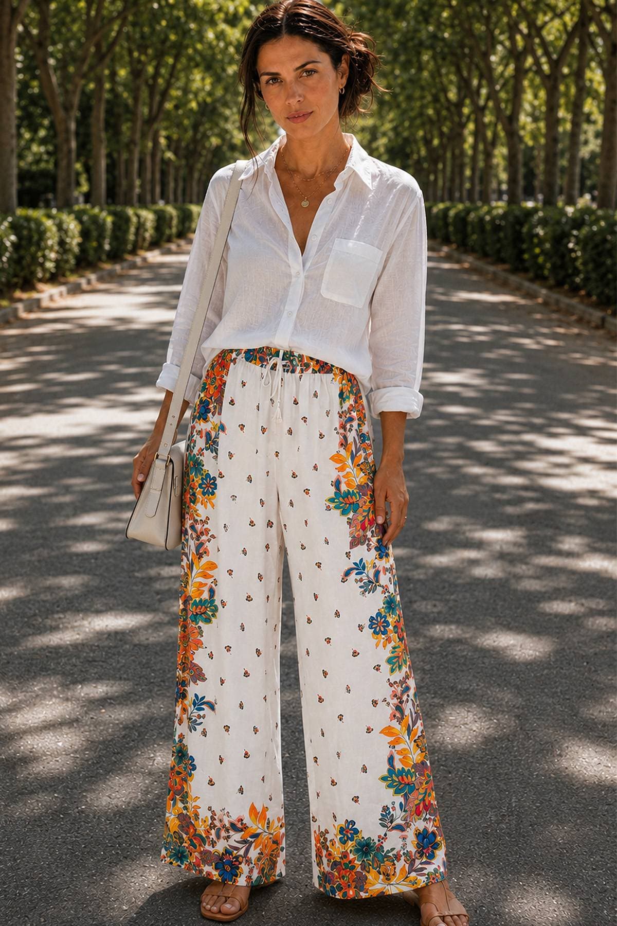 MultiColor Floral White Drawstring Silk Pants - 185.0000 - Alternative view 2