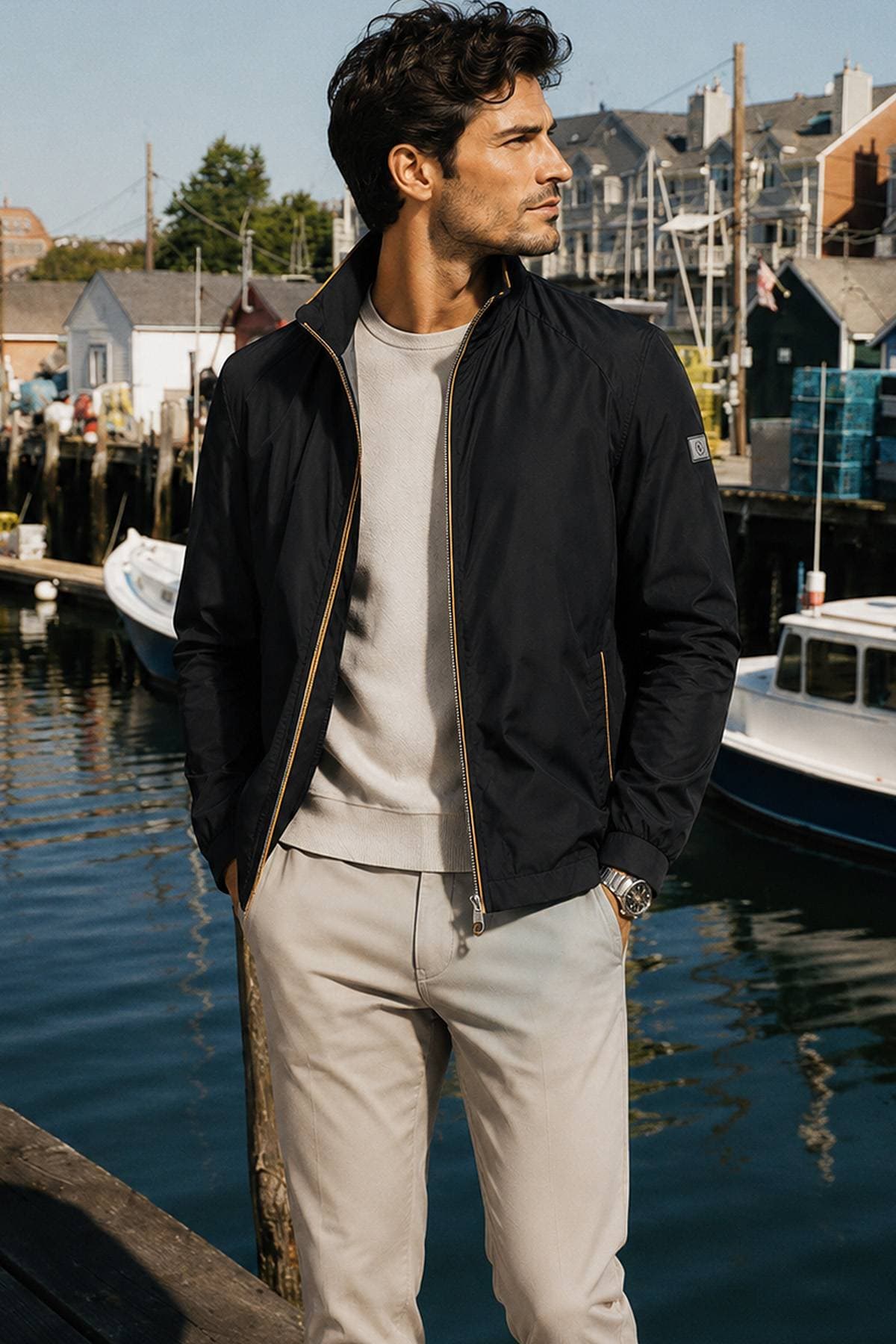 A man in a black jacket and beige pants stands near the water with his hands in his pockets.