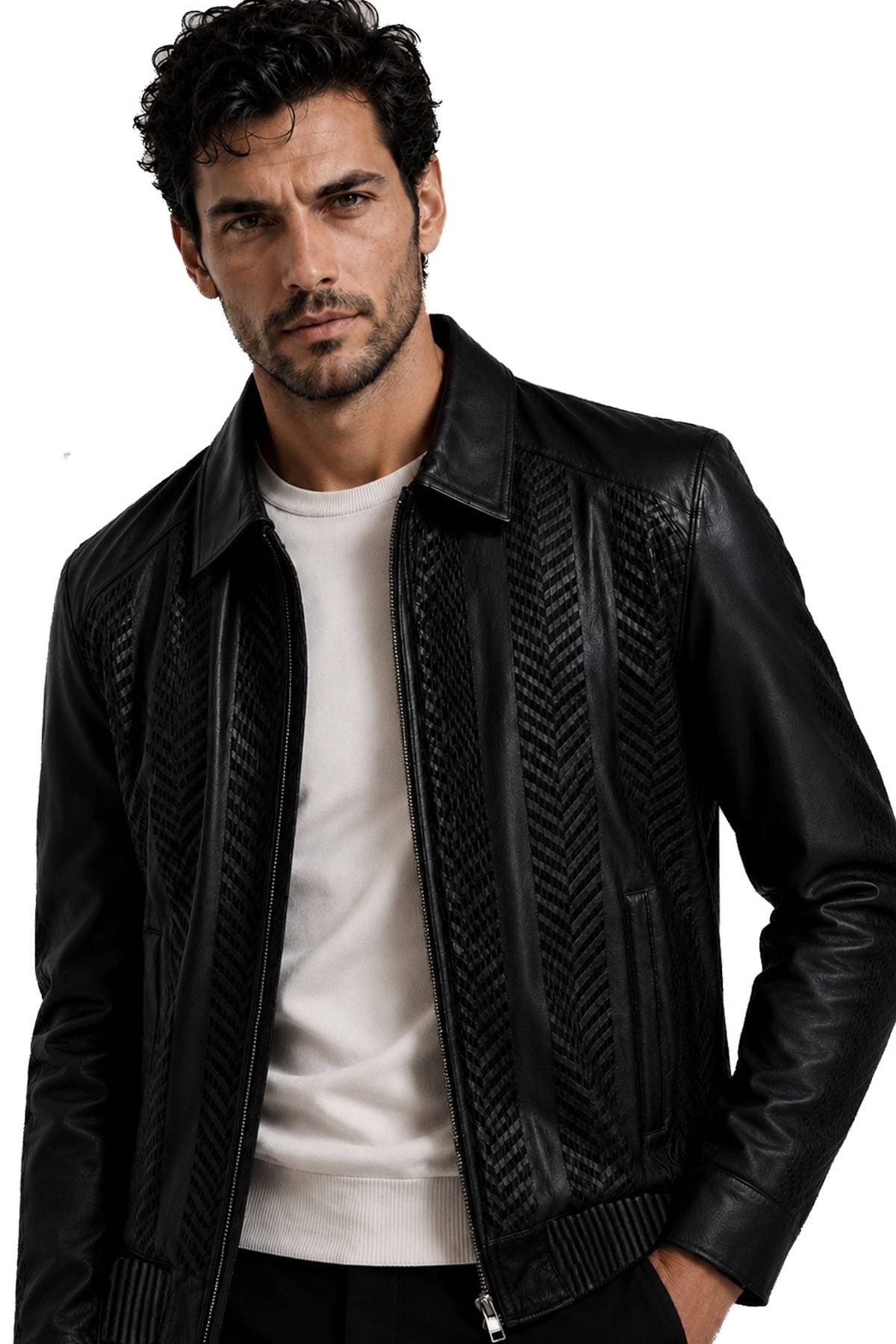 A man wearing a textured black leather jacket and a white shirt.