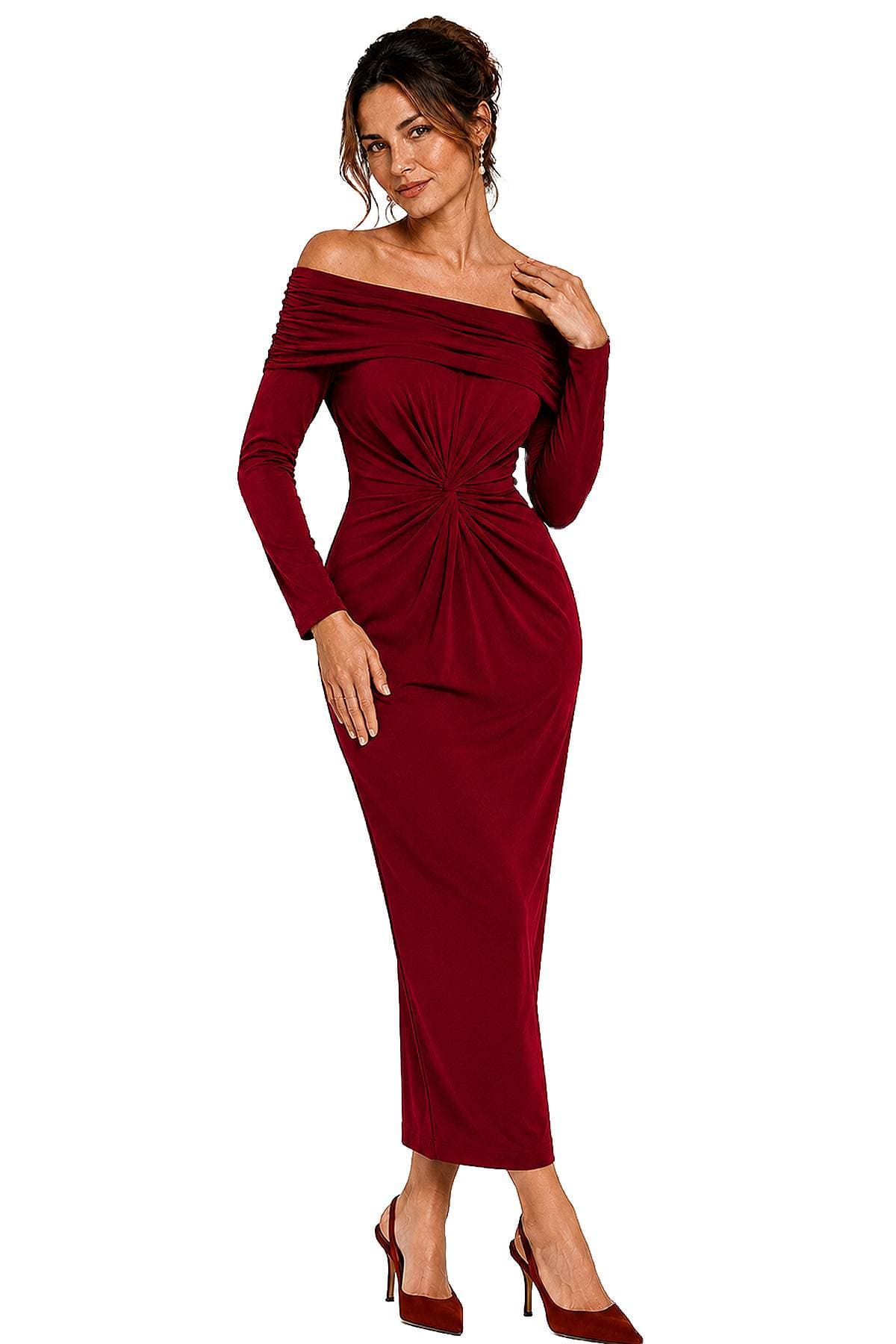 A woman wearing a burgundy off-the-shoulder dress with long sleeves and matching high heels.