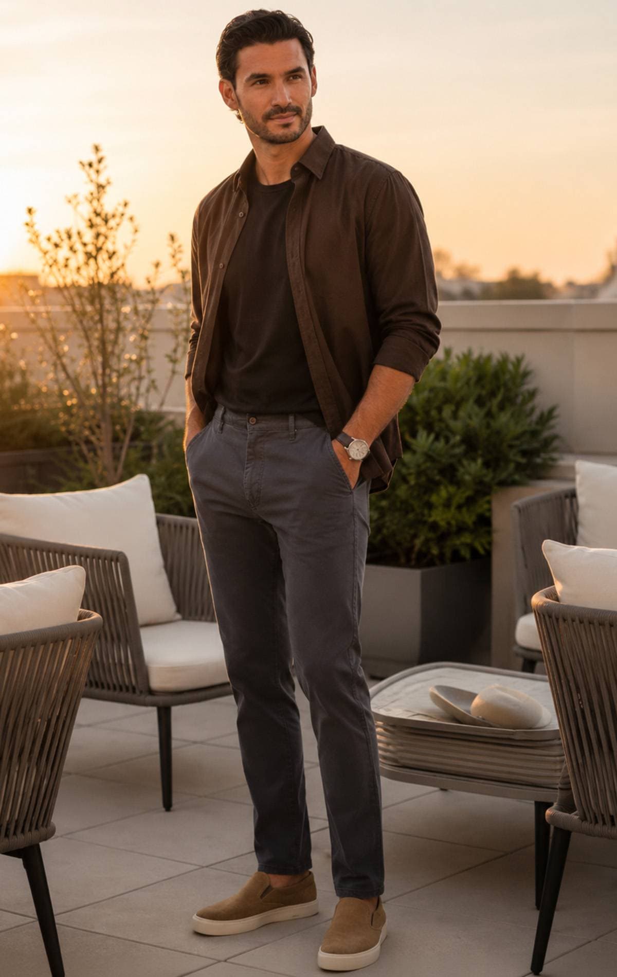 A man wearing a dark shirt, gray pants, and brown slip-on shoes stands with hands in his pockets.