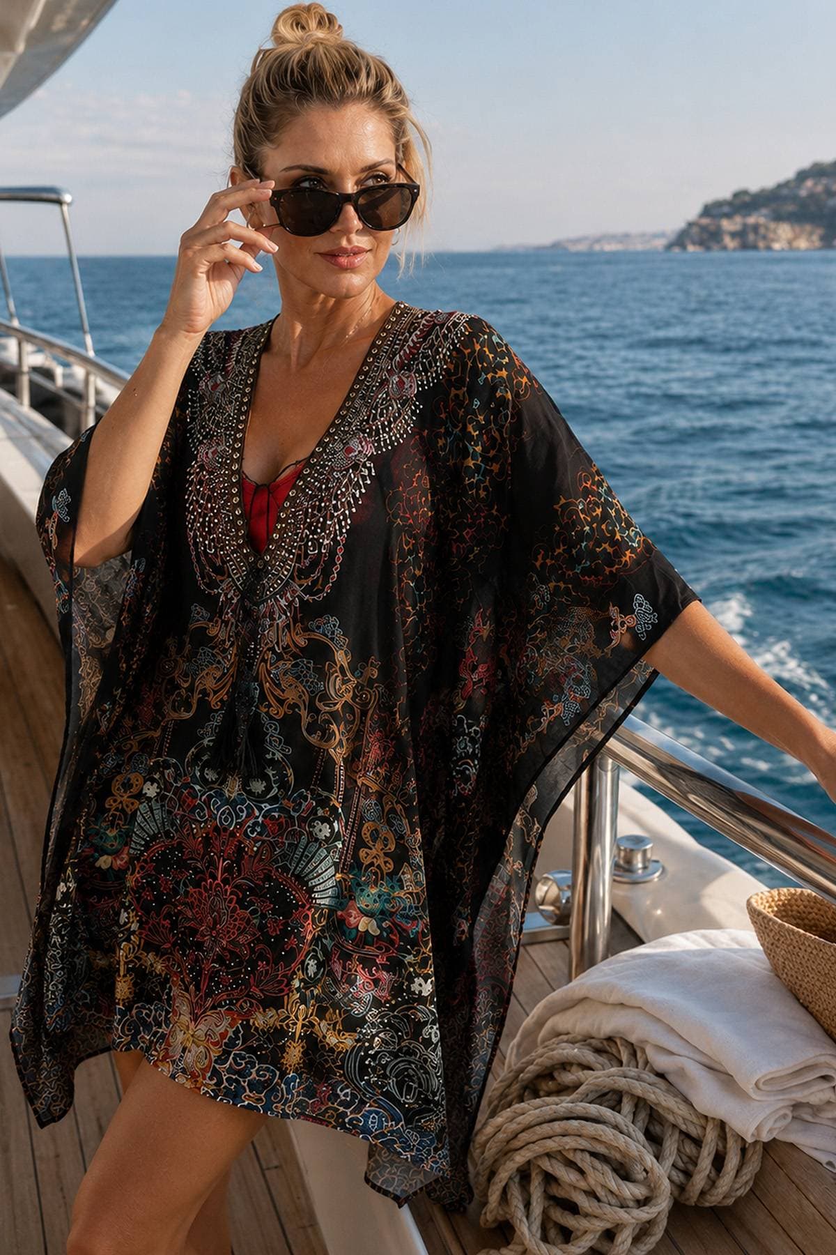 A woman wearing sunglasses and a patterned cover-up stands on a boat.
