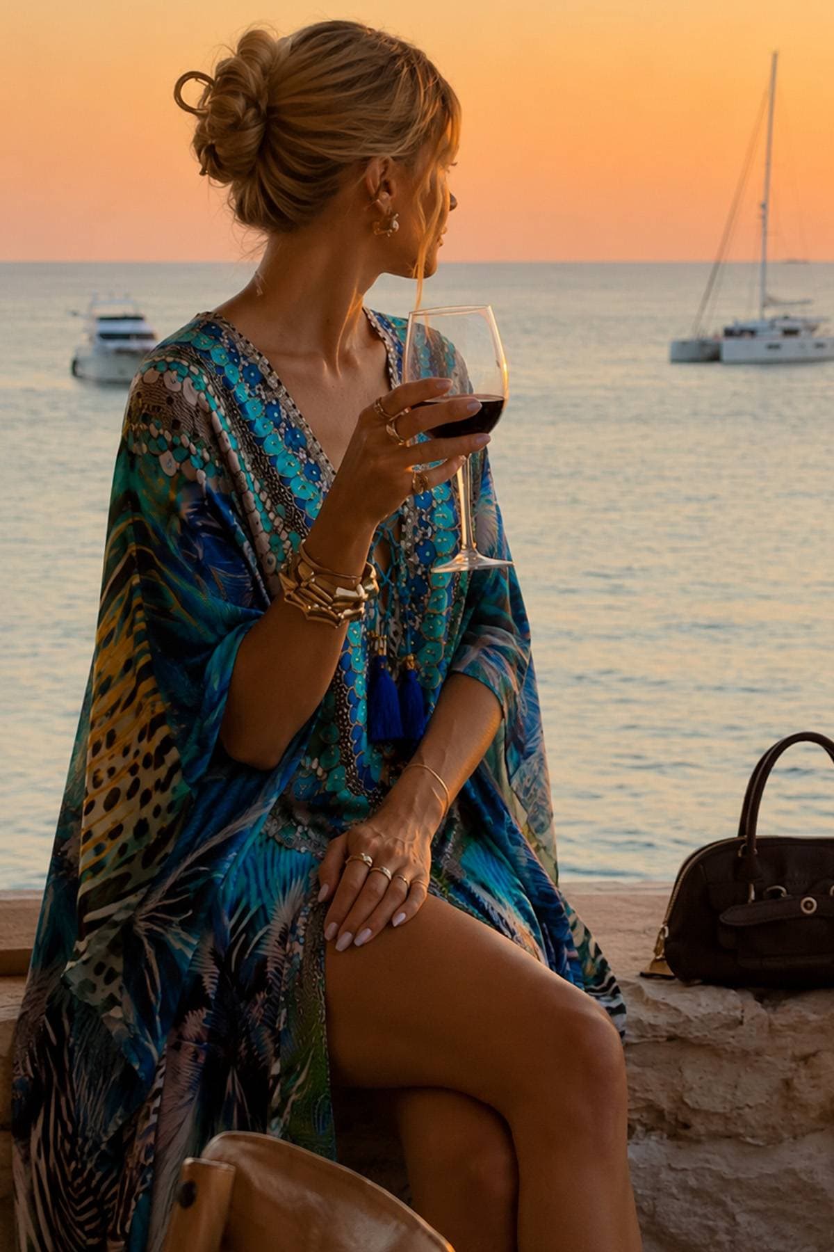 A woman in a colorful dress sits with a glass of red wine, looking out at the sea.