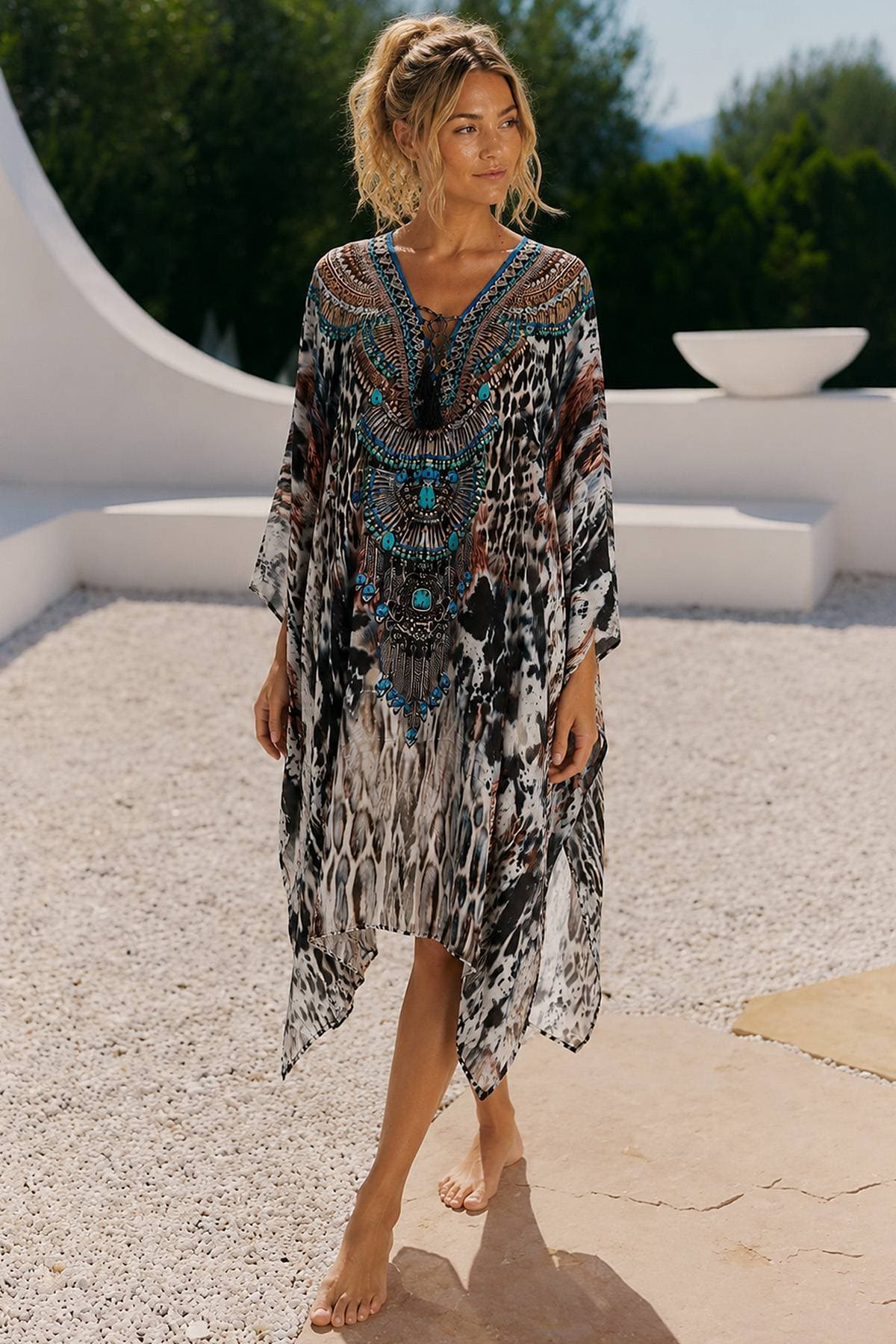 Embellished Animal Print Silk-Viscose Kaftan Dress - 265.0000 - Alternative view 2