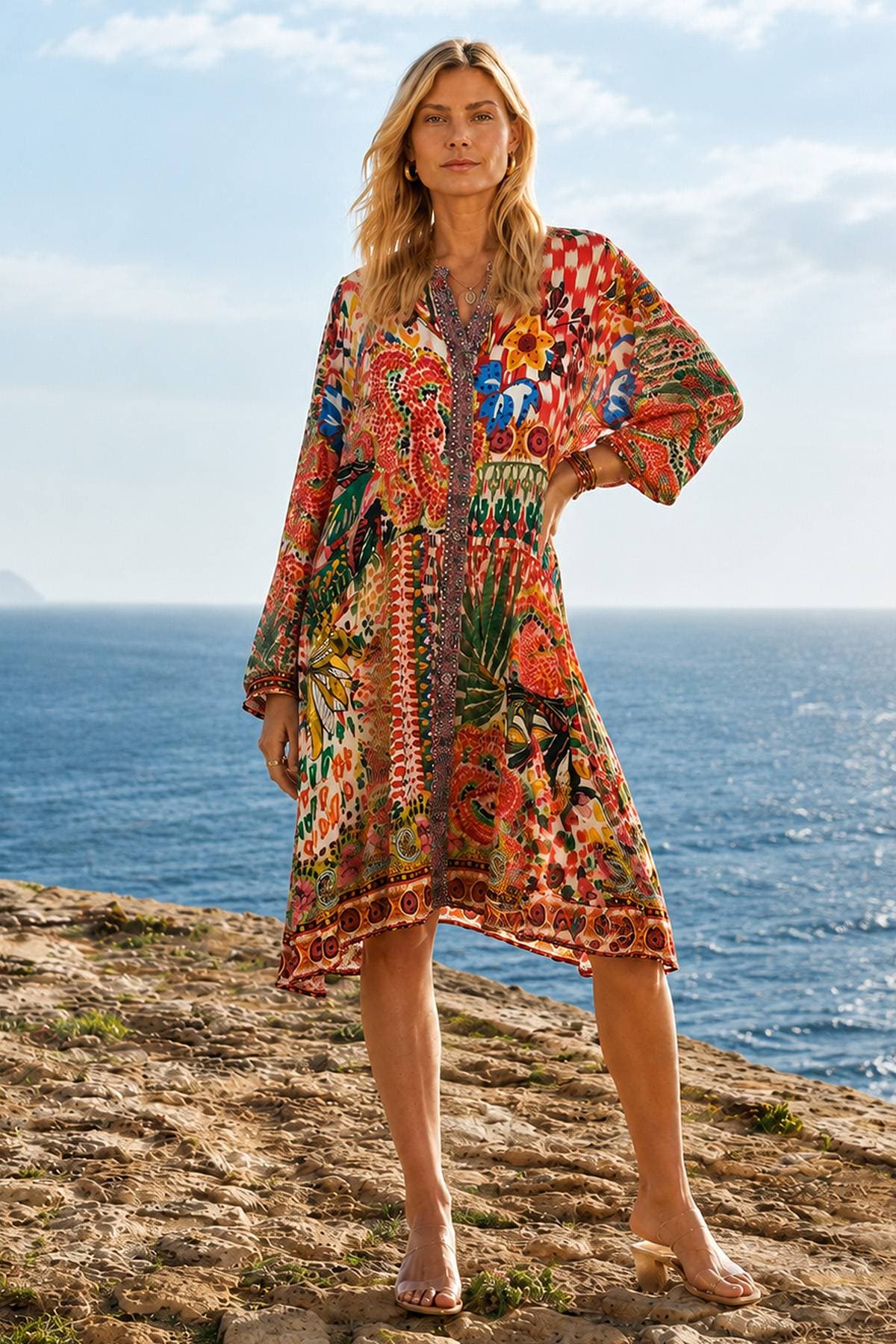Red Printed Button Coverup Dress | Women's -  - Alternative view 2