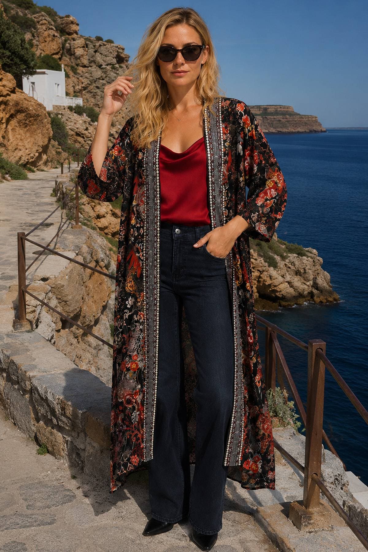 A woman with sunglasses wearing a floral-patterned kimono over a red top and jeans.