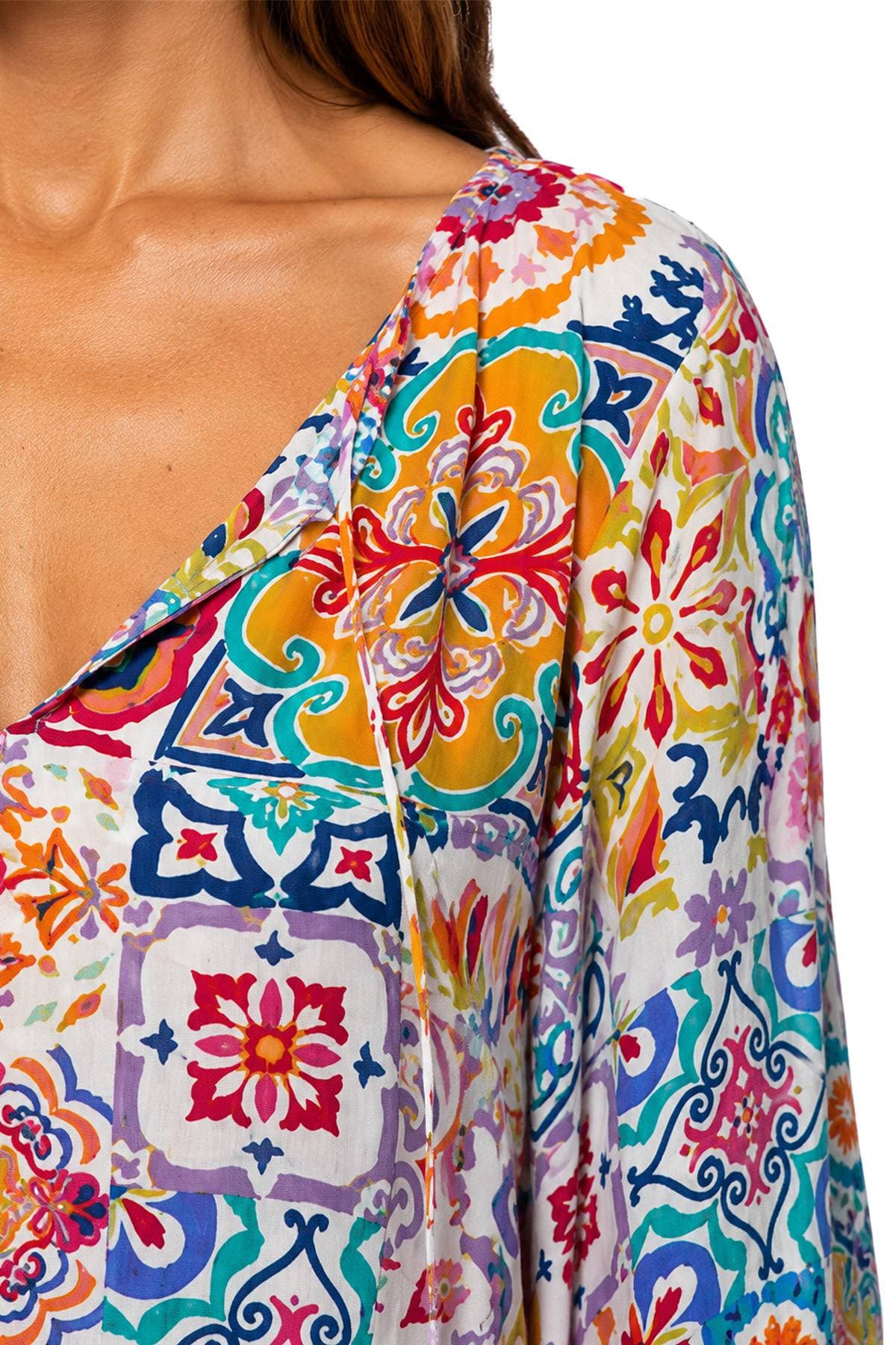 A close-up view of a colorful and intricately patterned garment on a person.