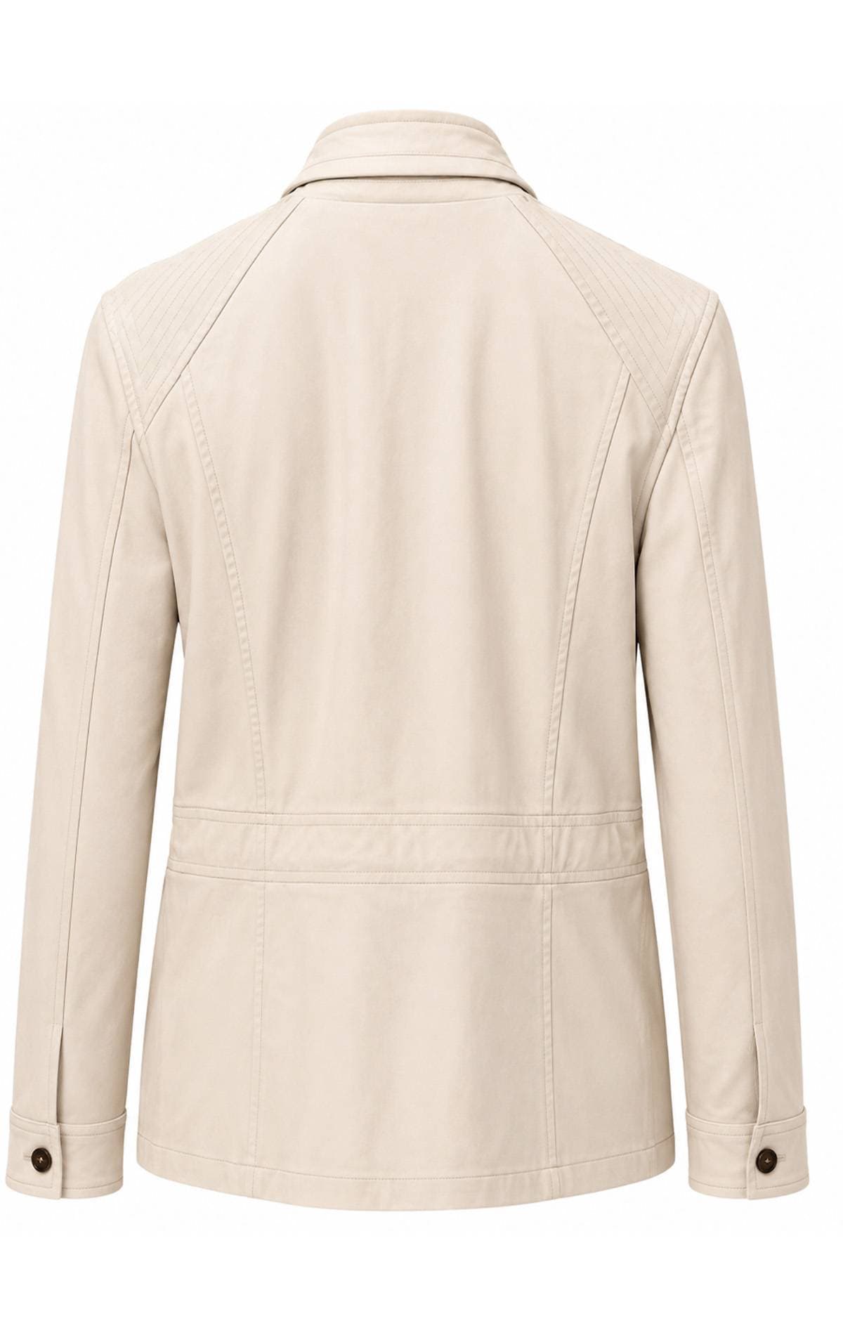 A beige jacket with a collar and buttoned cuffs, viewed from the back.