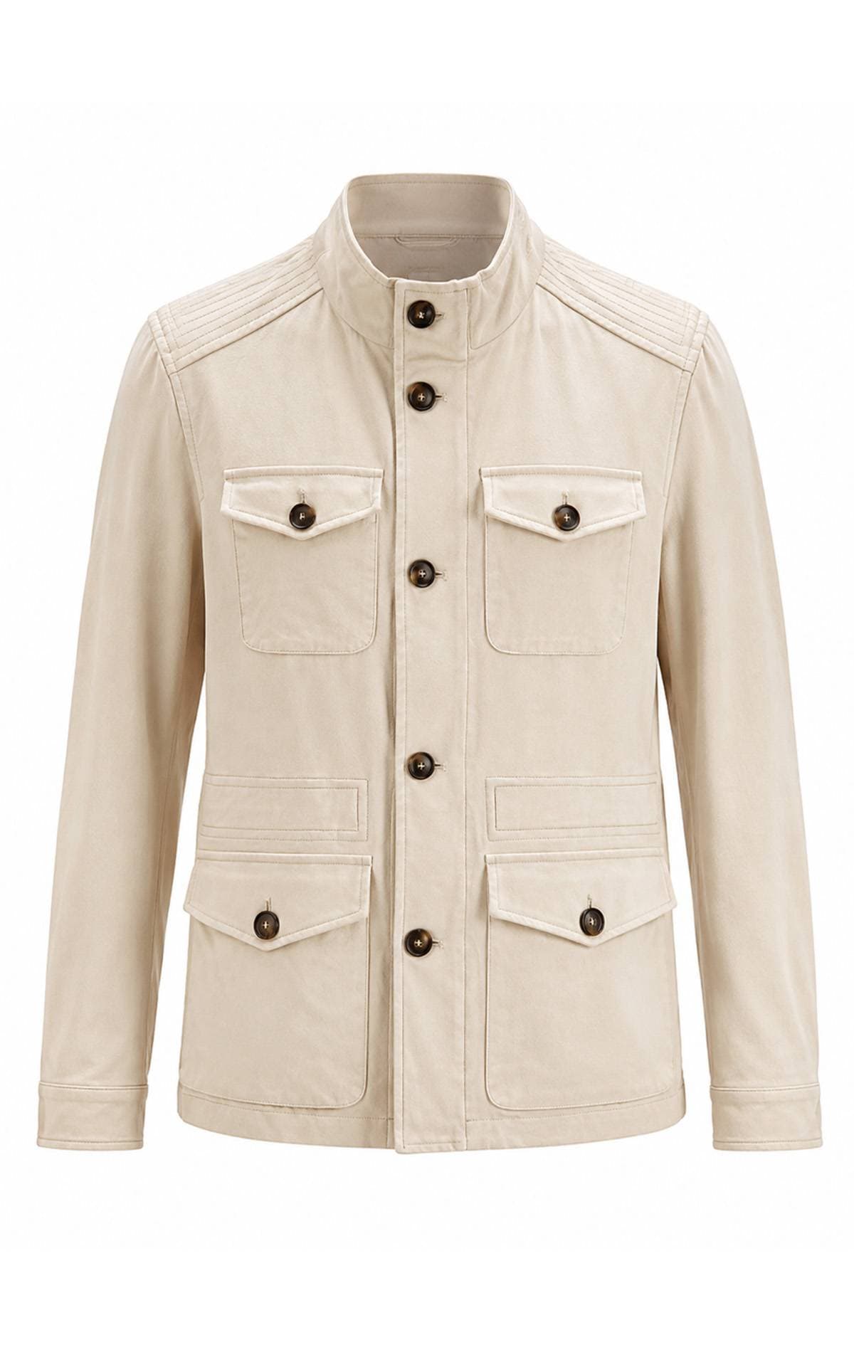 A beige button-up jacket with a high collar and four front pockets.