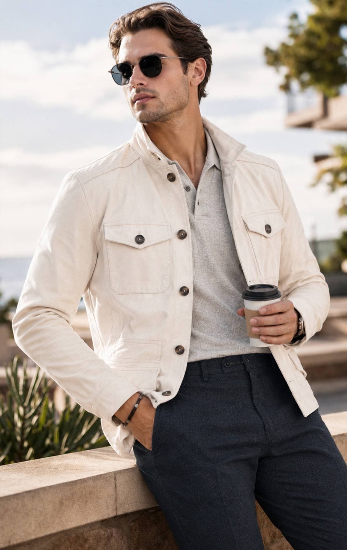 A man wearing sunglasses and a light jacket holds a coffee cup while leaning against a stone ledge.