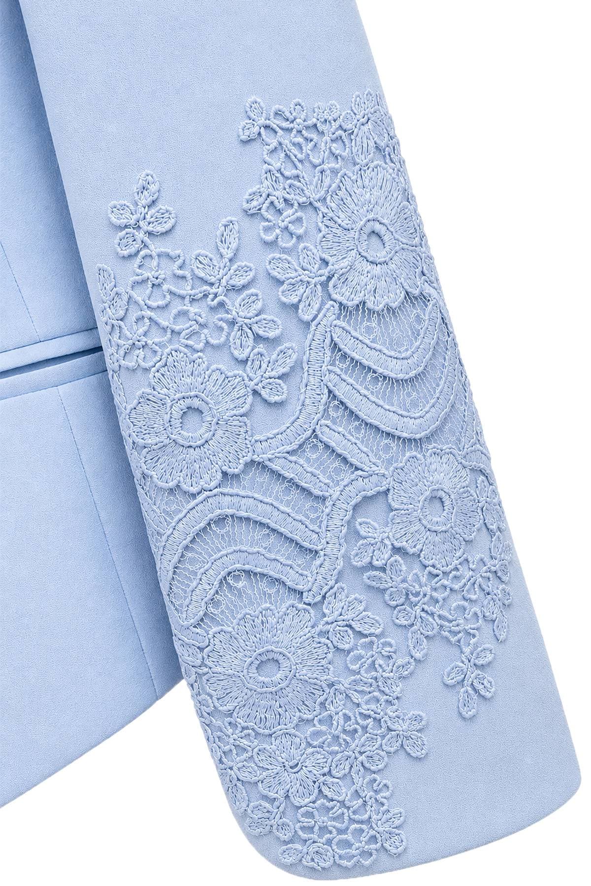 Baby Blue Crepe Lace Detail 2-Piece Pant Suit | Women's - $395.00 - View 3 of 7