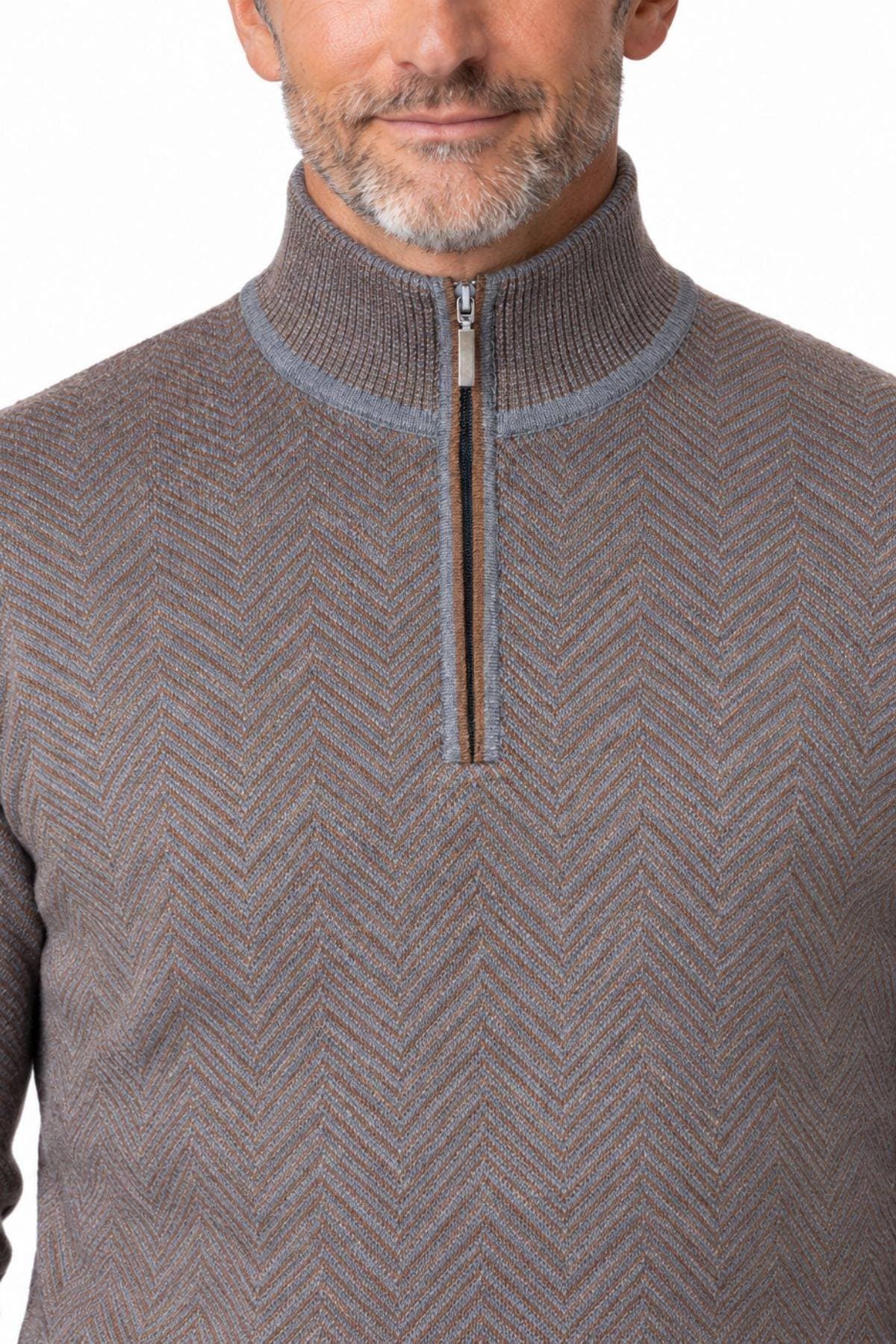 Brown & Charcoal Maxi Chevron Mock Neck Zip Sweater - $245.00 - View 3 of 5
