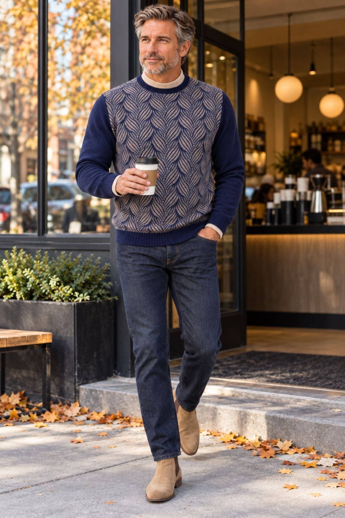 Navy Taupe Cashmere Wool Blend Sweater -  - Alternative view 2