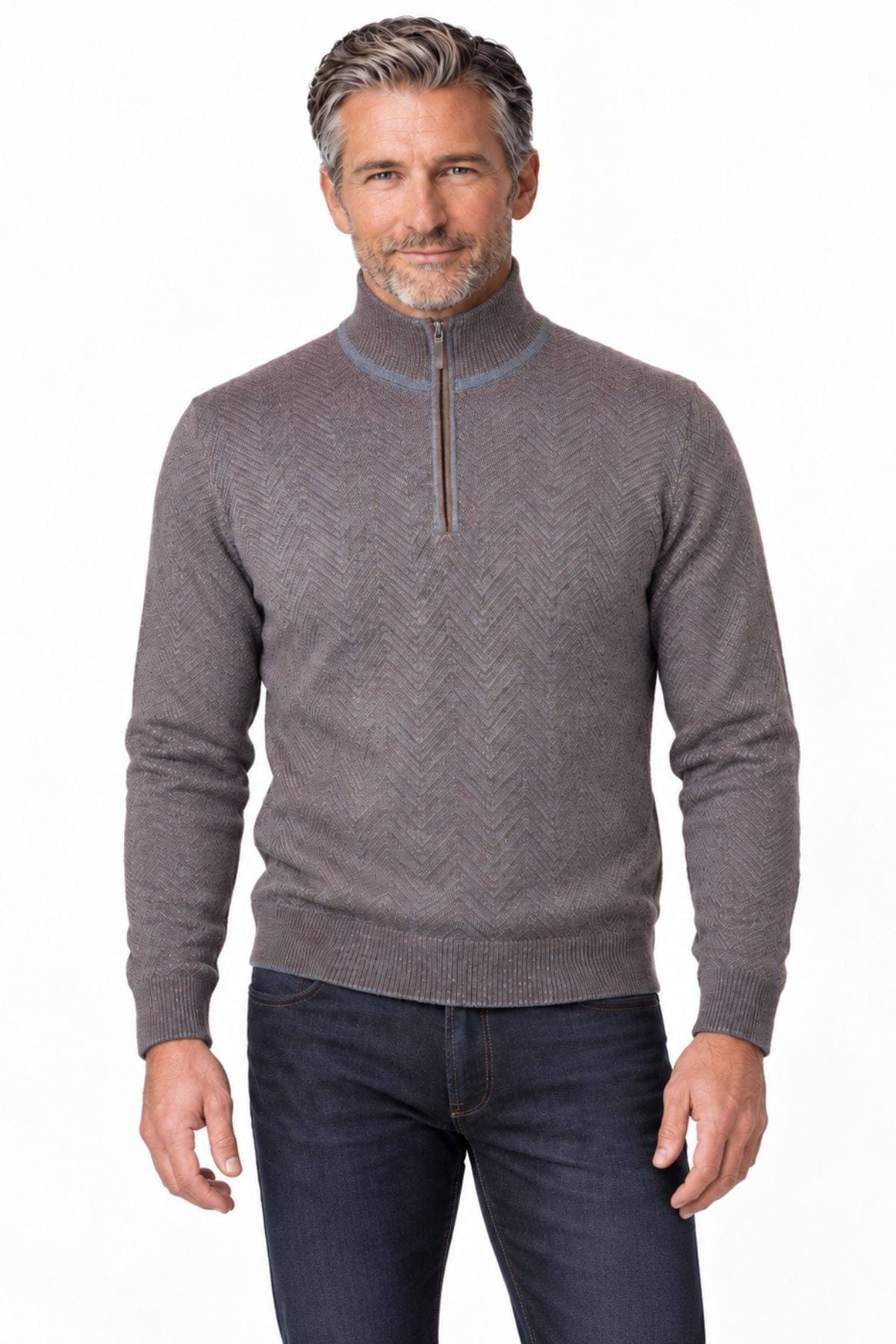 Brown & Charcoal Maxi Chevron Mock Neck Zip Sweater - $245.00 - View 4 of 5
