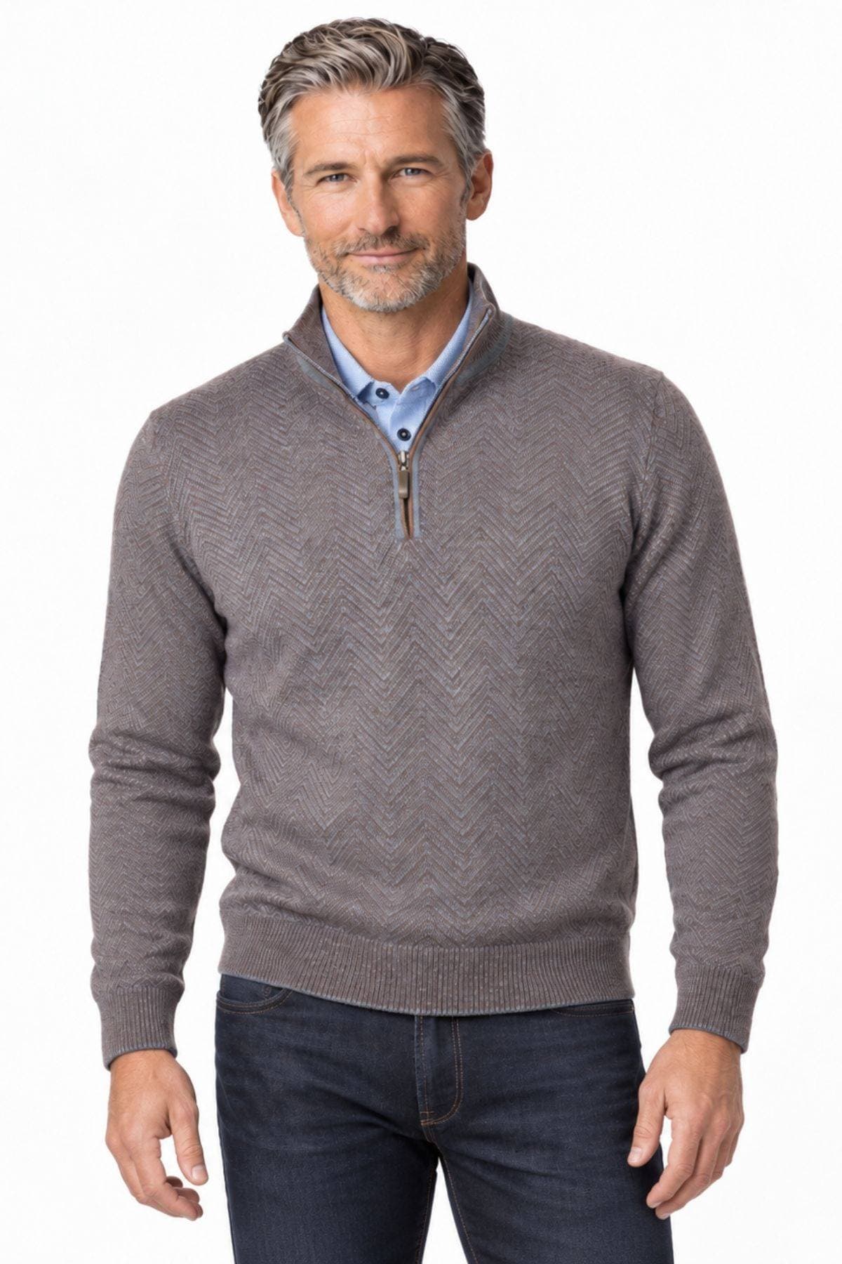 Brown & Charcoal Maxi Chevron Mock Neck Zip Sweater - $245.00 - View 1 of 5