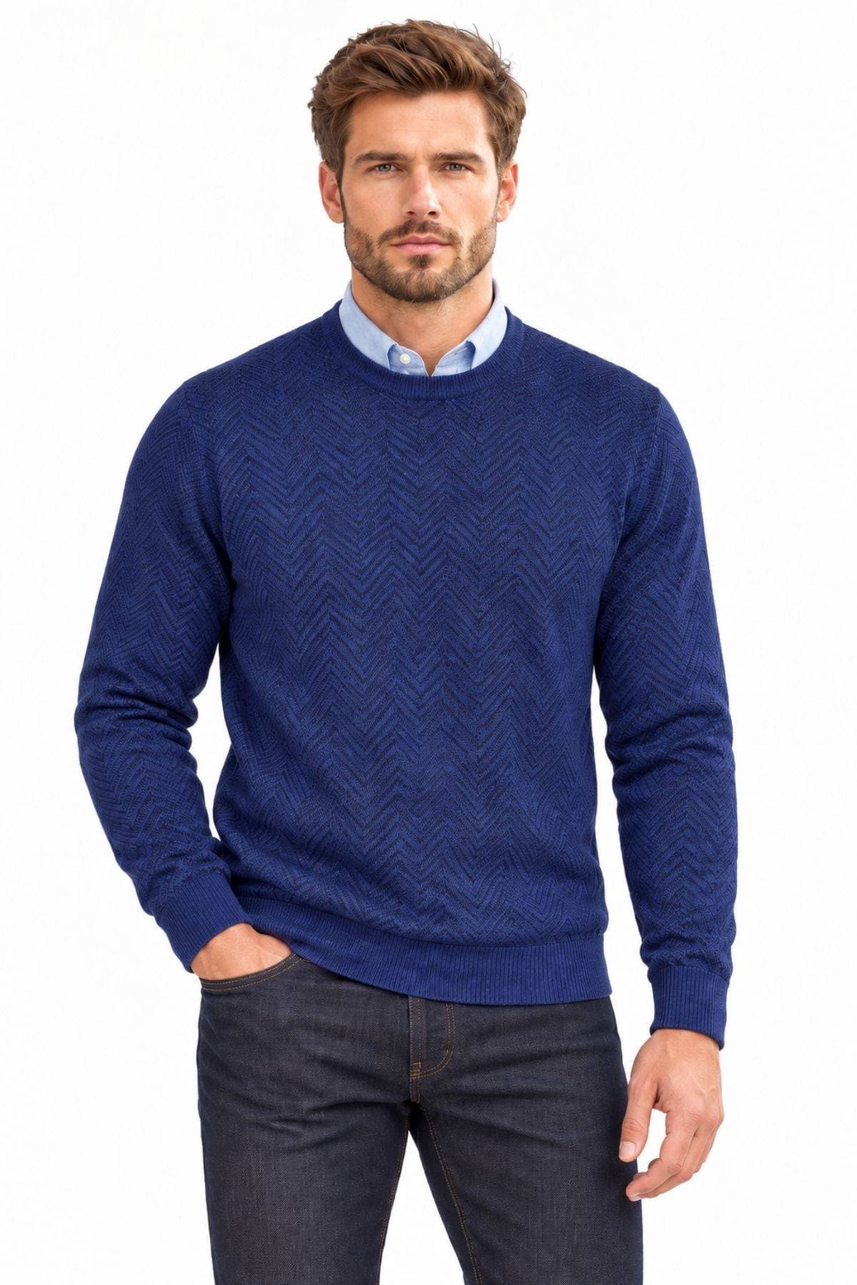 Navy & Black Maxi Chevron Wool-Blend Crew Neck Sweater -  - Main product view