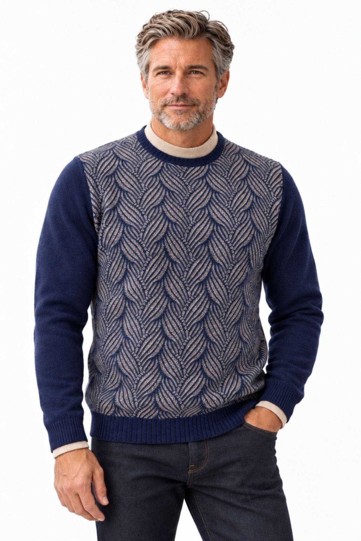 Navy Taupe Cashmere Wool Blend Sweater -  - Main product view