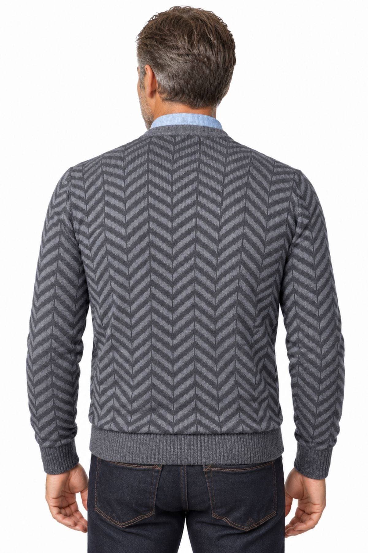 Charcoal Grey Maxi Chevron Wool-Blend Crew Neck Sweater -  - Alternative view 4
