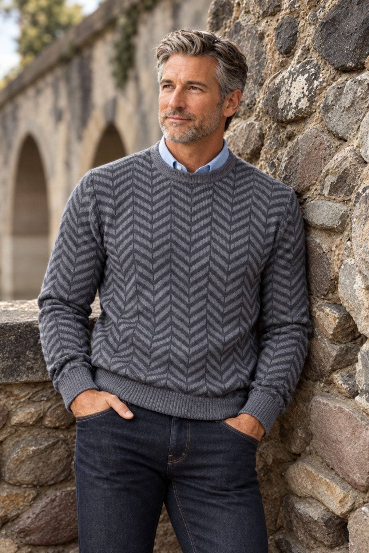 Charcoal Grey Maxi Chevron Wool-Blend Crew Neck Sweater -  - Alternative view 2