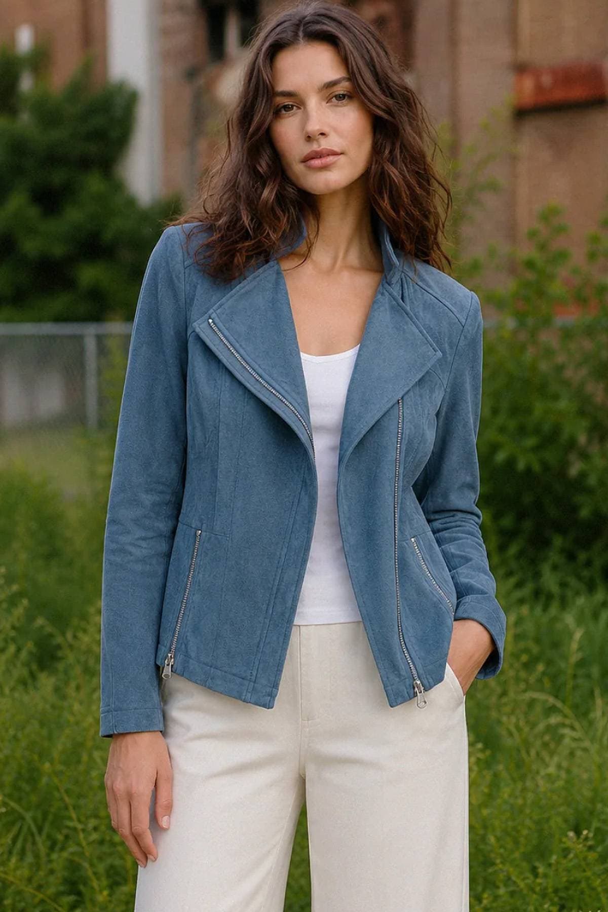 Washed Teal Faux Vegan Suede Moto Jacket | Women's - $285.00 - View 2 of 4