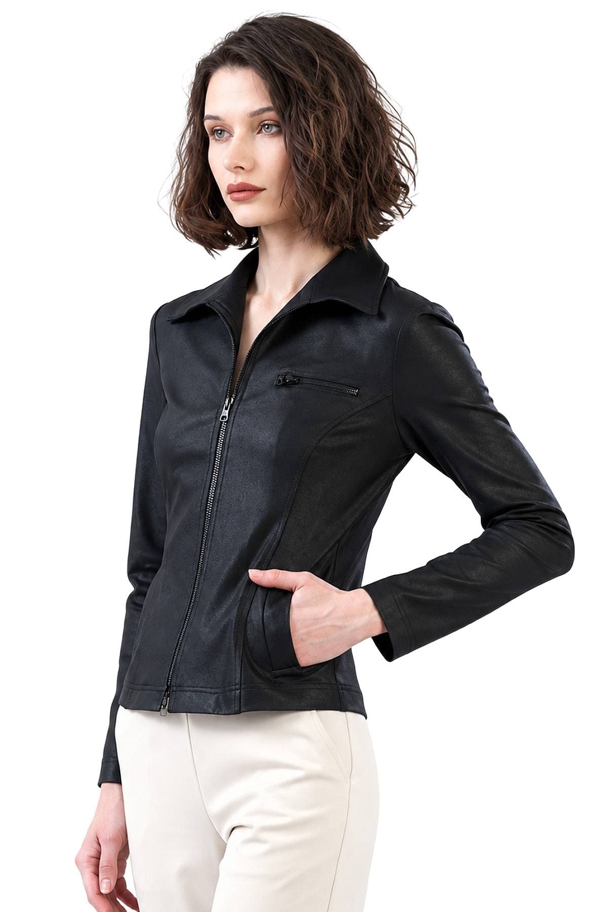 Black Tailored Liquid Leather Zip Jacket| Women's -  - Alternative view 5