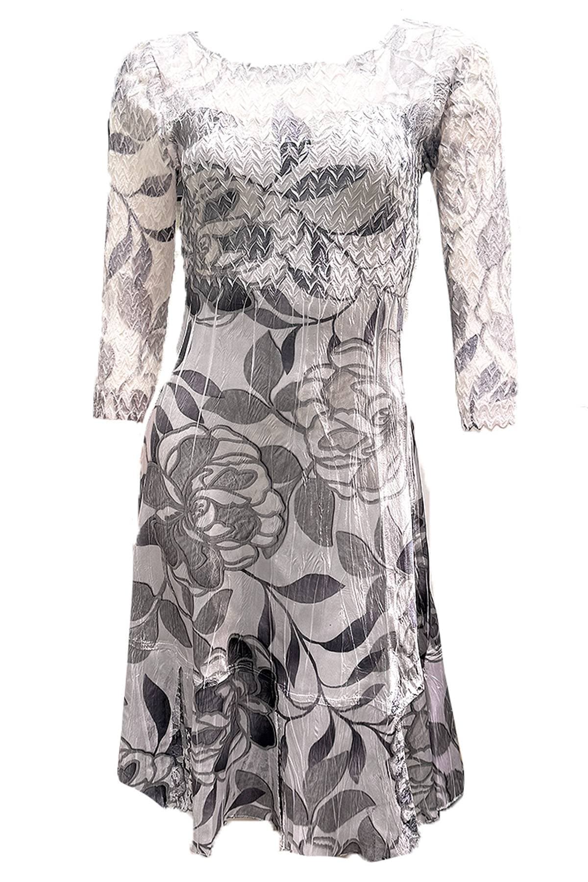 Komarov illusion neck dress with chevron lace bodice and floral charmeuse skirt, full length view