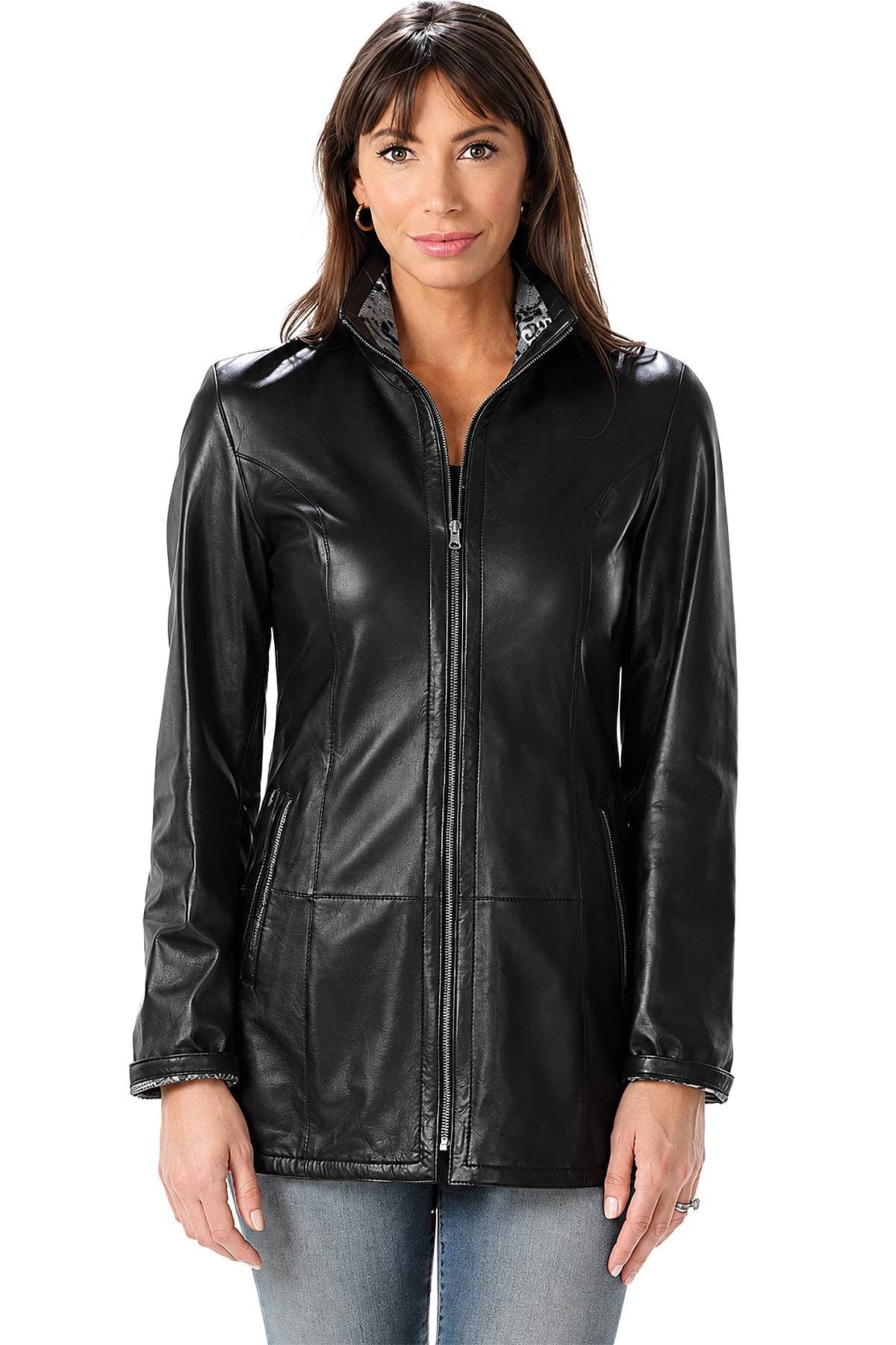 Black Reversible Solid Leather Zip Jacket | Women’s - $795.00 - View 2 of 6